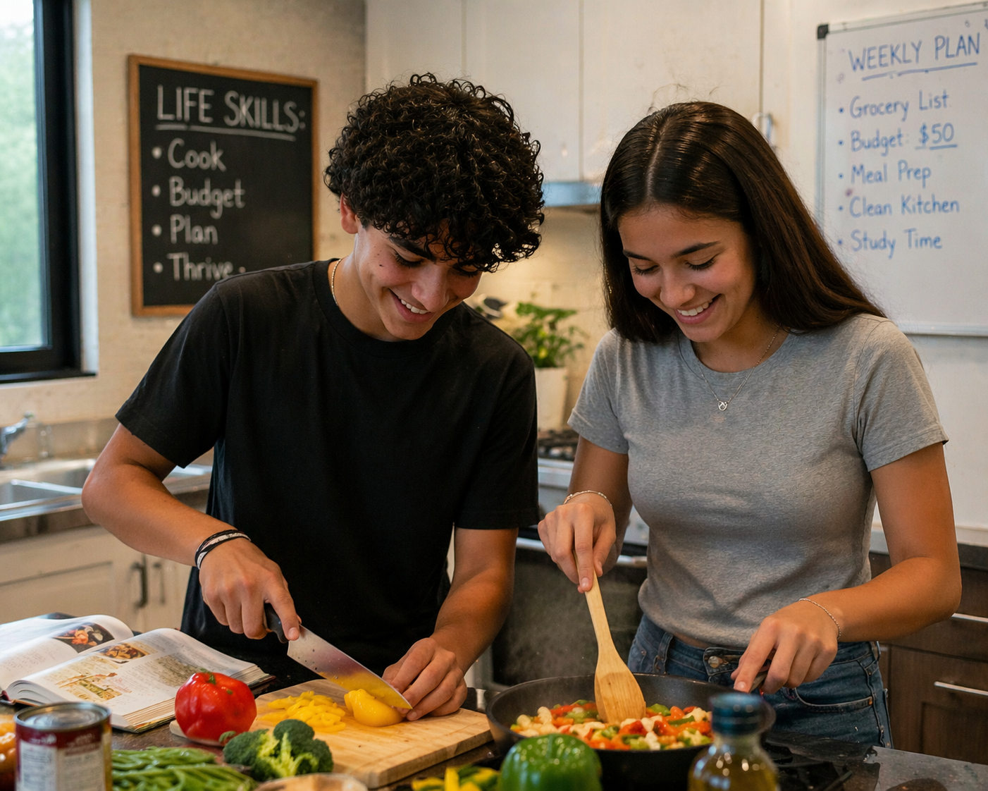Two young women cooking together in a kitchen, chopping vegetables and stirring a skillet, with a weekly plan and life skills chalkboards in the background.