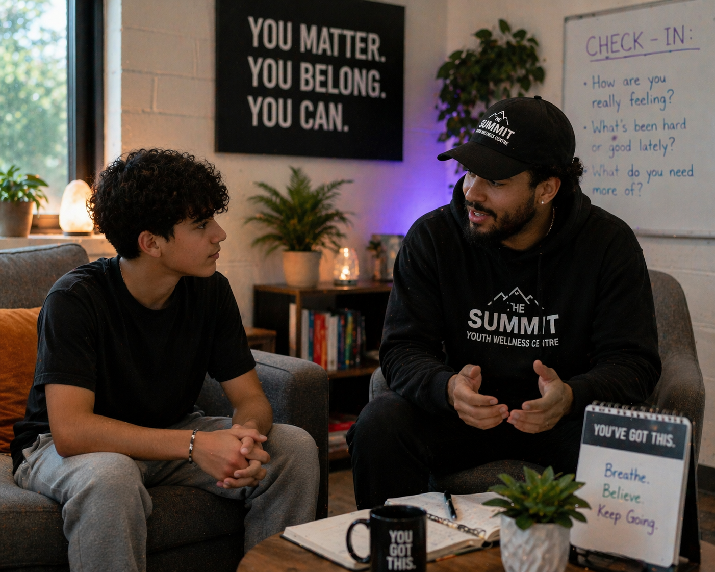 A young man and an adult man having a conversation in a cozy room. The young man has curly dark hair and is wearing a black t-shirt and gray sweatpants, sitting on a couch. The adult man has darker curly hair, a beard, and is wearing a black hoodie and cap, sitting on an armchair. There is a black sign on the wall that reads, 'You matter. You belong. You can.' Behind him, a whiteboard with questions for check-in is visible. On the table, there is a mug and a notebook, along with a potted plant and a small whiteboard with motivational phrases.