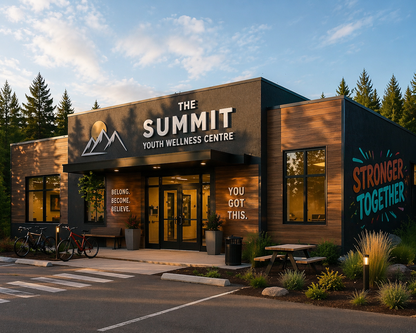 Exterior of The Summit Youth Wellness Centre building at dusk, with bicycles parked outside, large windows, and motivational signs including 'Belong. Become. Believe.' and 'You Got This.'