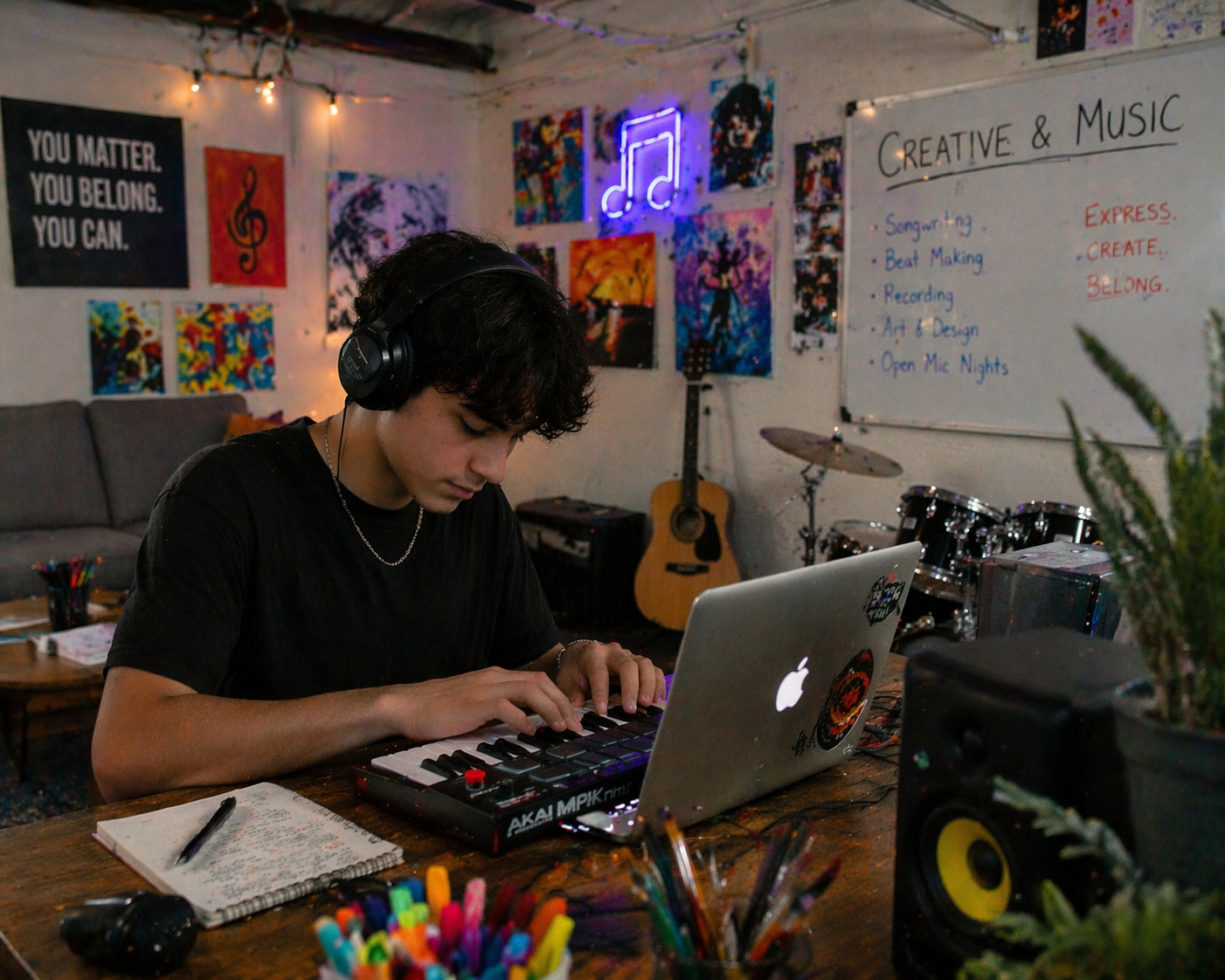 A person wearing headphones is working on a music production device in a colorful, decorated studio with a whiteboard, guitars, artwork, and musical symbols.