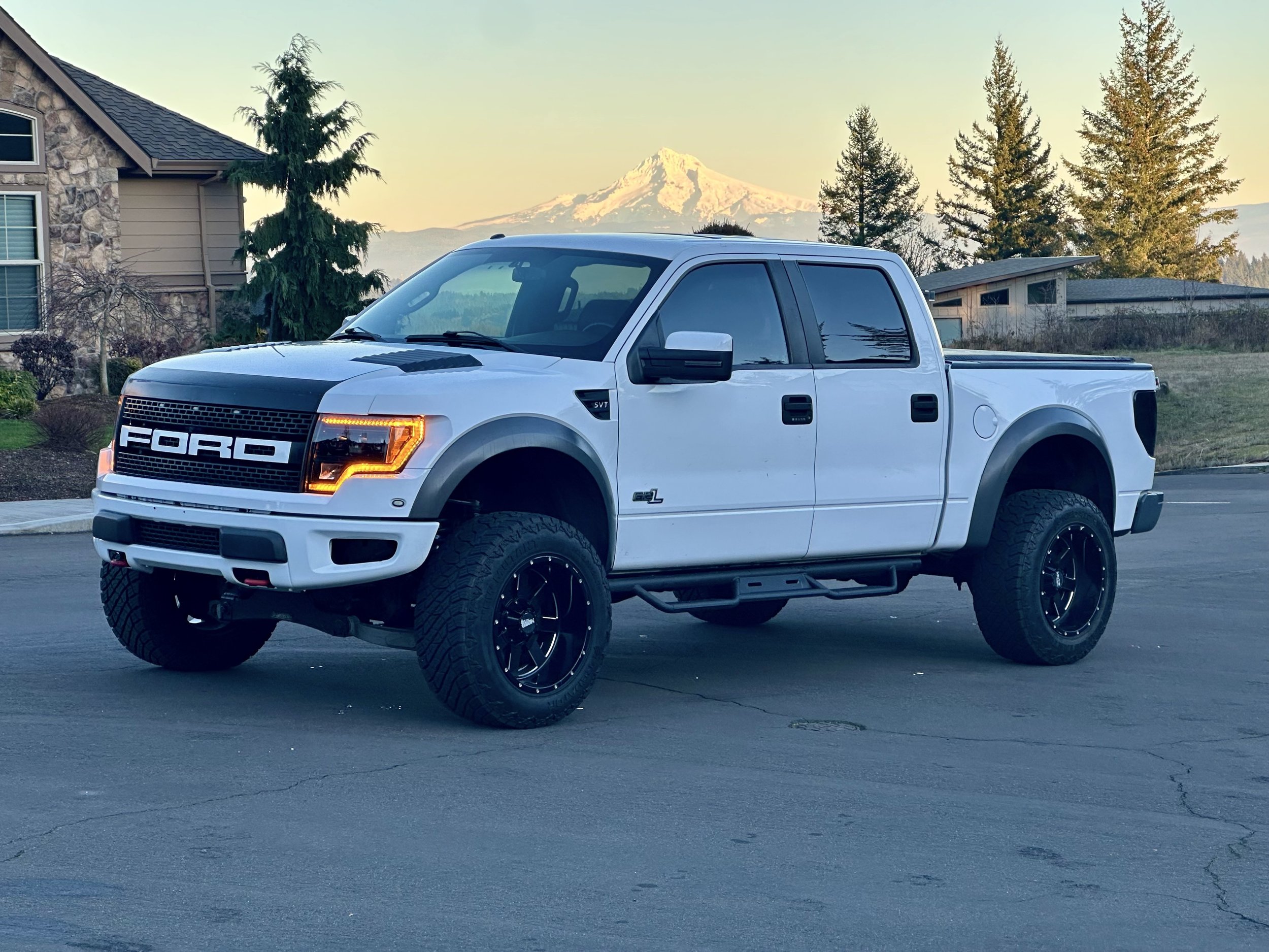 White Ford pickup truck parked on the street with trees, a house, and a snow-capped mountain in the background during sunset.