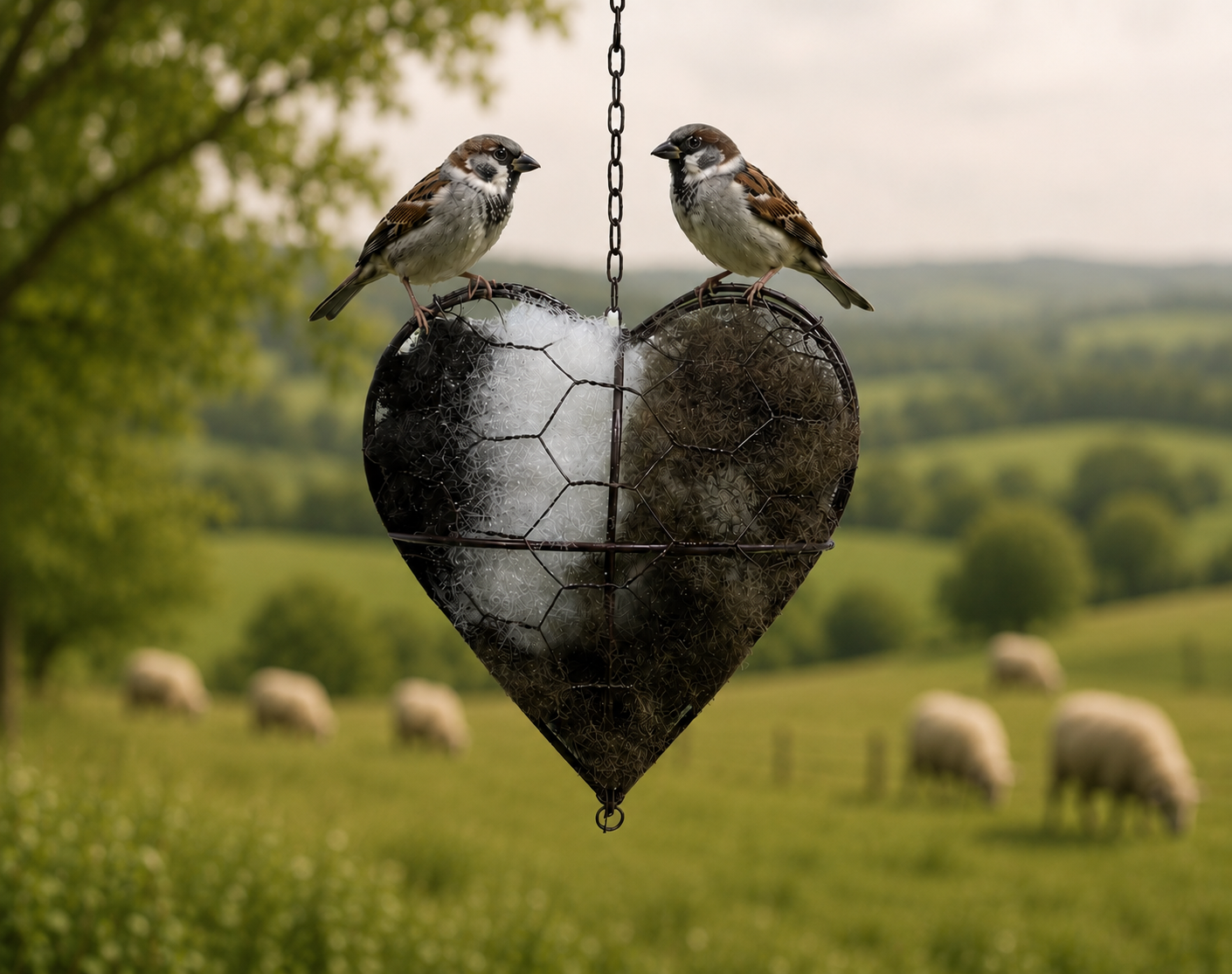 Two sparrows perched on a heart-shaped bird feeder with a scenic countryside background of green fields and sheep.