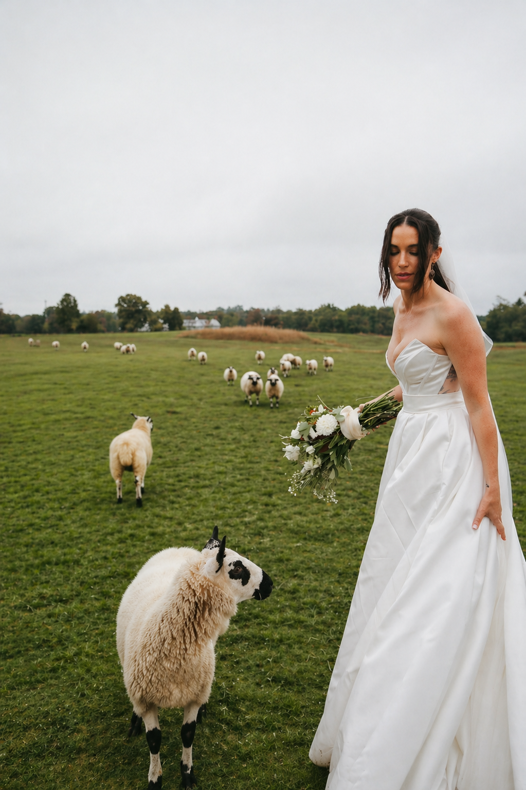 A woman in a white wedding dress holding a bouquet, standing in a green field with sheep and a lamb around her, overcast sky.