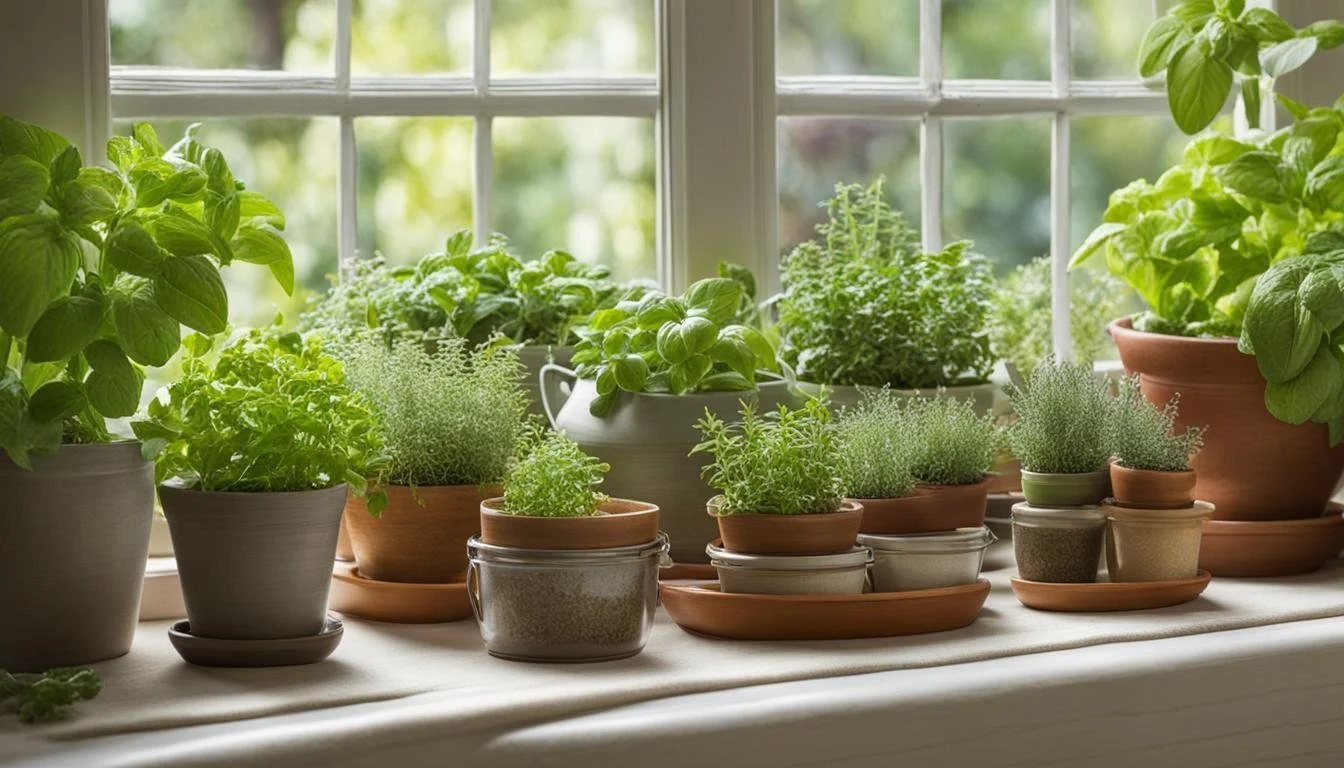 A windowsill with various potted herbs and plants in different ceramic and terracotta pots, with a green outdoor view in the background.