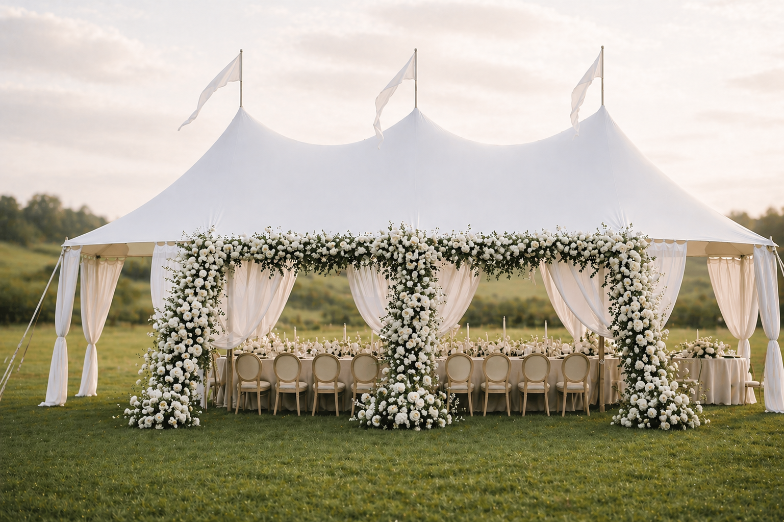 A large white wedding tent decorated with white flowers and draped fabric, set up outdoors on a grassy field.