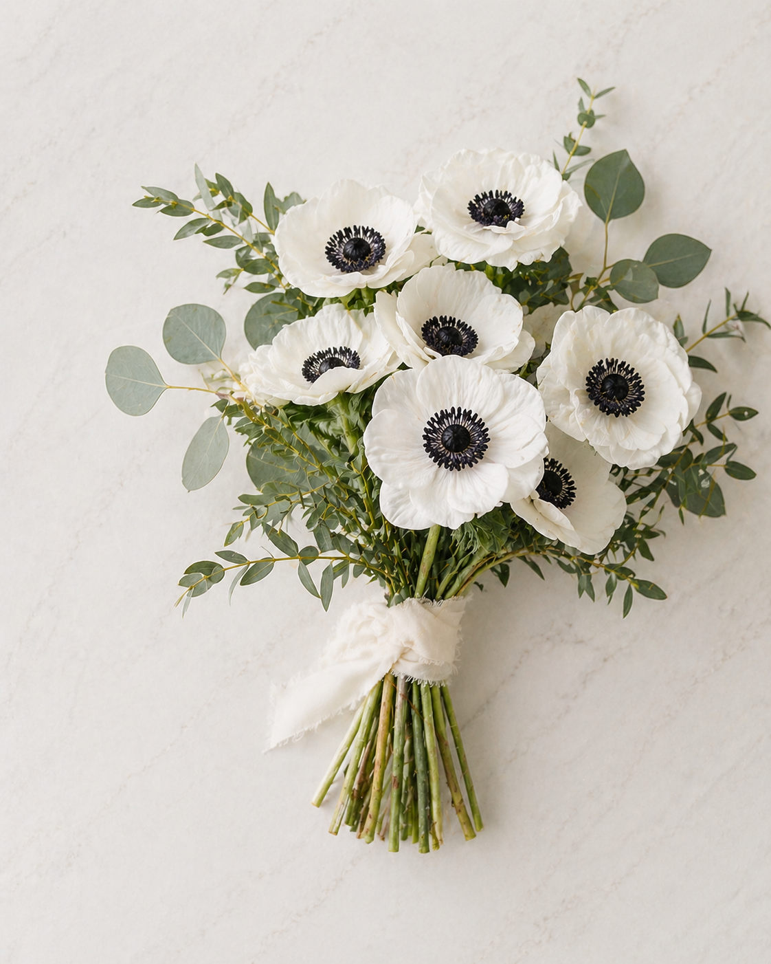 A bouquet of white anemone flowers with black centers and green foliage, tied with a white ribbon.