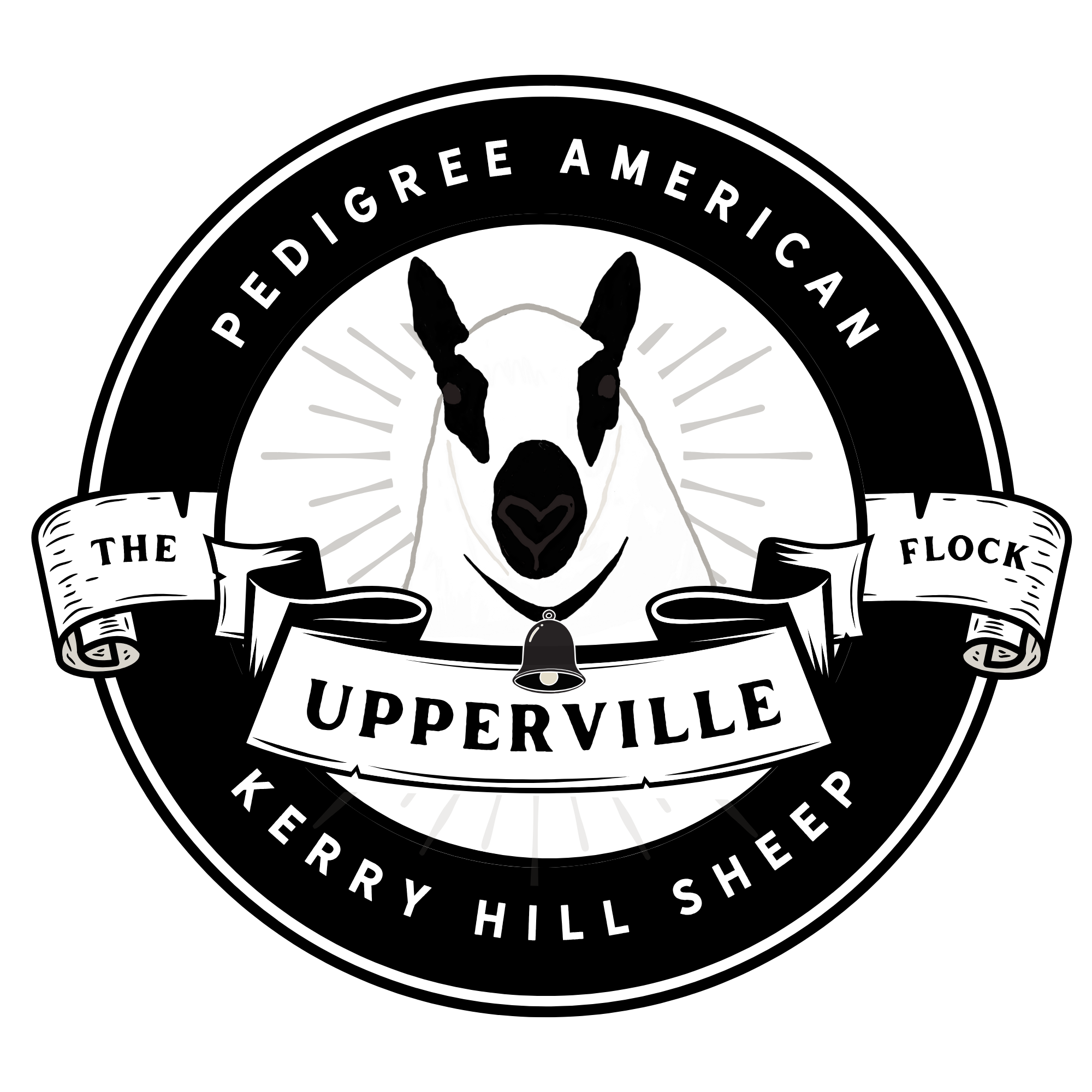A circular logo featuring a black and white illustration of a dog with a heart-shaped nose, surrounded by the text 'The Flock Kentucky Hill Shepherds' and 'Upperville'.