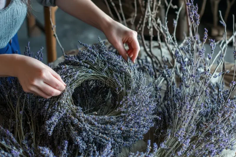 Person arranging a lavender wreath among bundles of dried lavender flowers.