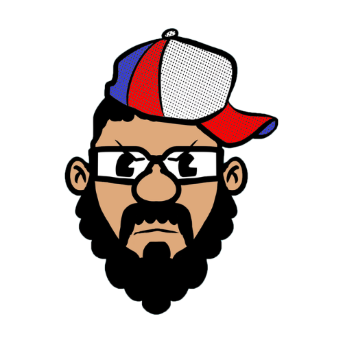 Cartoon image of a man with glasses, a beard, and a mustache wearing a baseball cap backward. The cap is red, white, and blue.