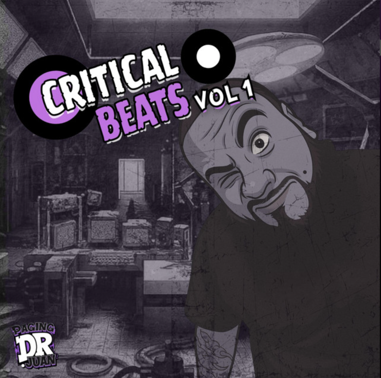 Album cover art for "Critical Beats Vol 1" featuring cartoon-style illustration of a man winking and sticking out his tongue in a dark, cluttered room with musical equipment and graffiti.