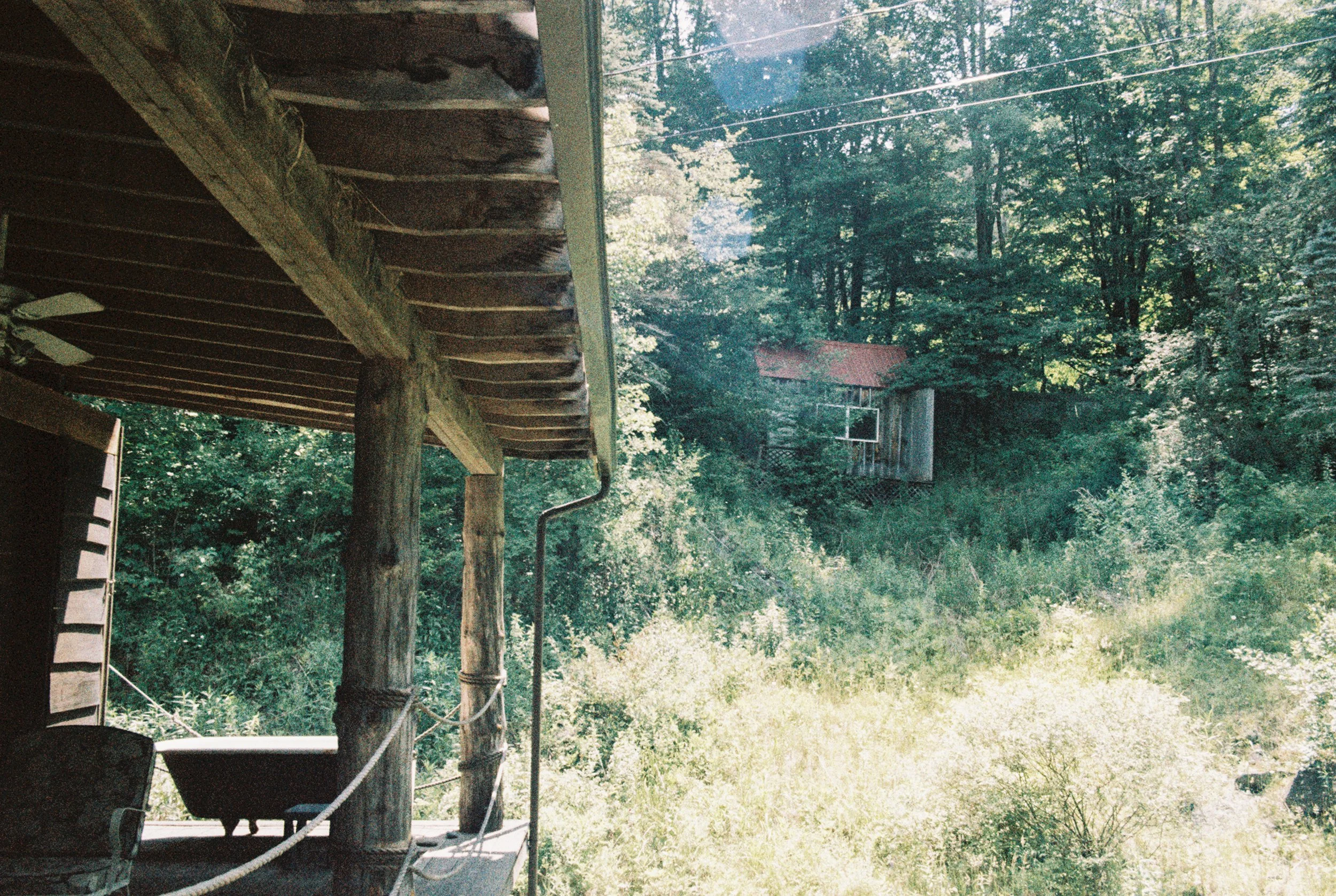 A rustic wooden porch surrounded by lush green trees with a small, weathered red-roofed shed in the background.