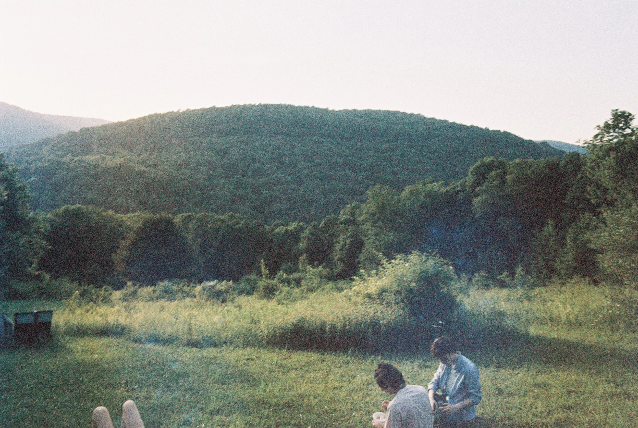 Two people sitting on grass in a field with green trees and hills in the background. One person appears to be showing something on their phone.