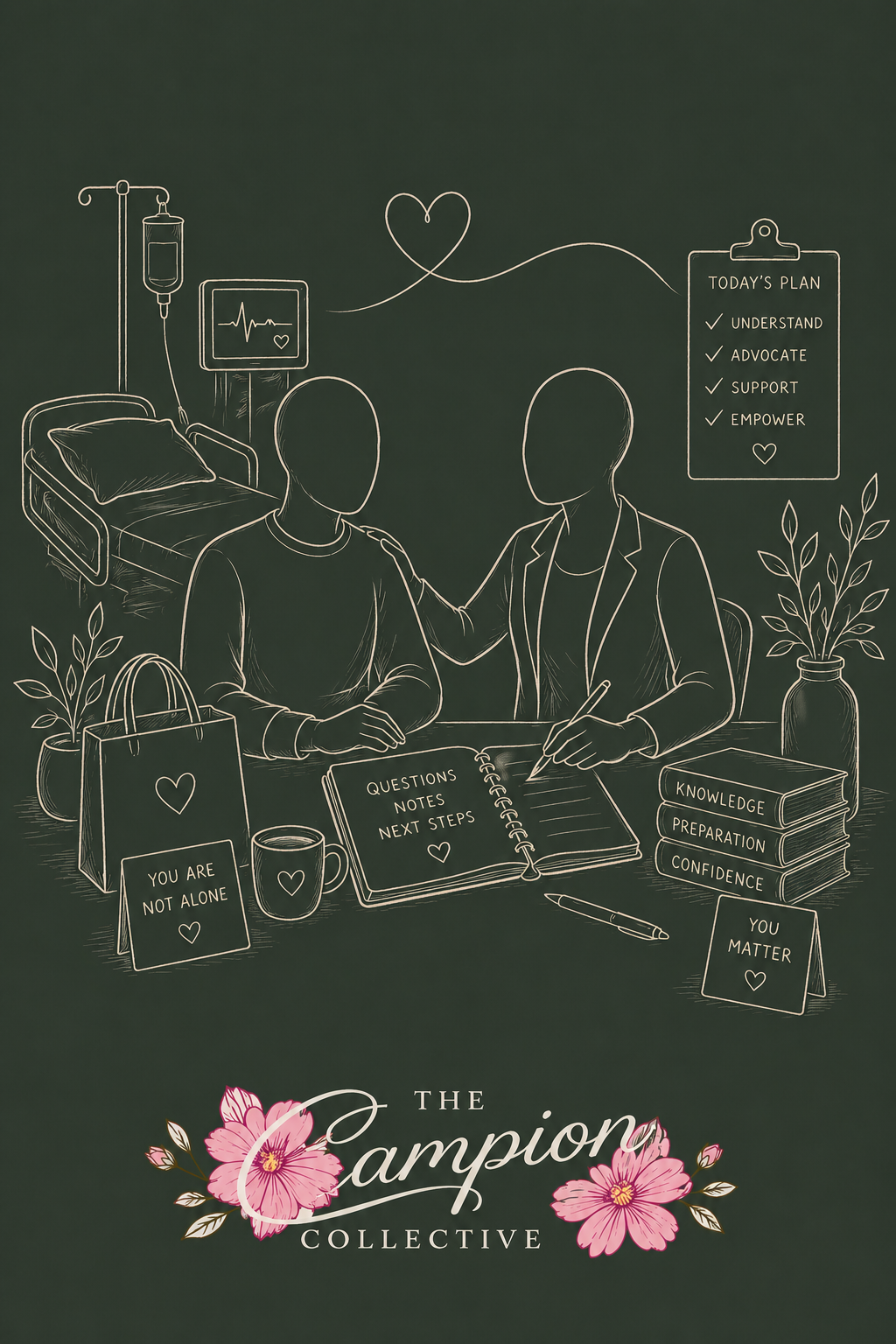 Illustration symbolizing compassionate patient advocacy, healthcare support, care coordination, and having a trusted person by your side during life's most challenging moments.