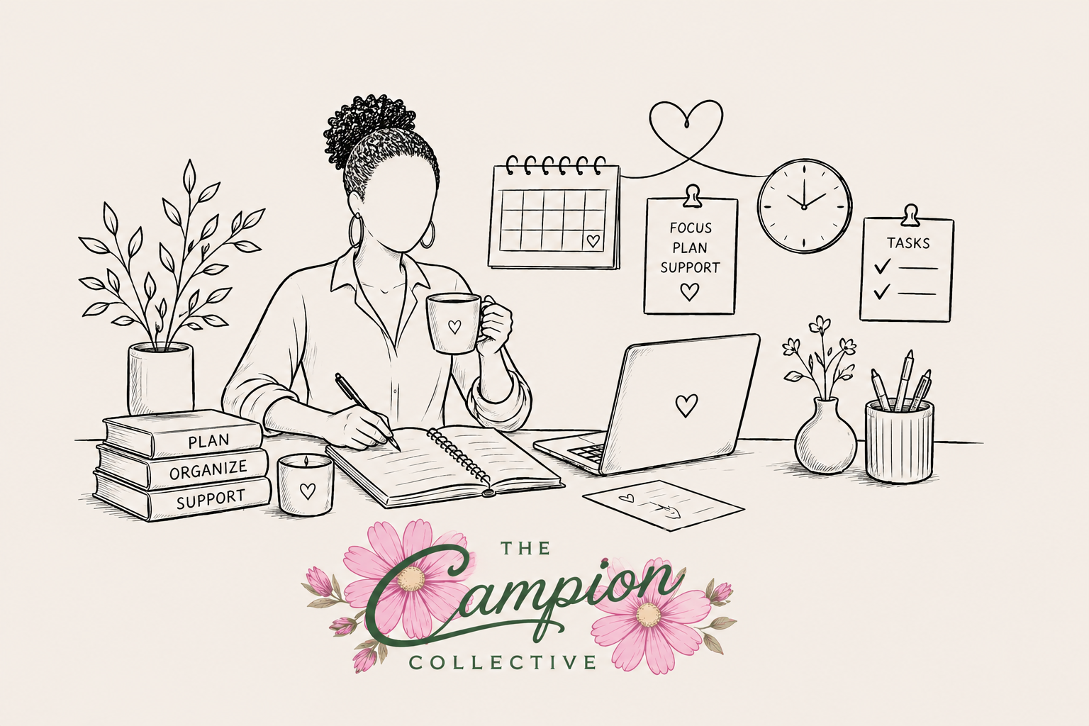 Illustration representing patient advocacy, healthcare navigation, life and care coordination, and personalized support through thoughtful planning and organization.