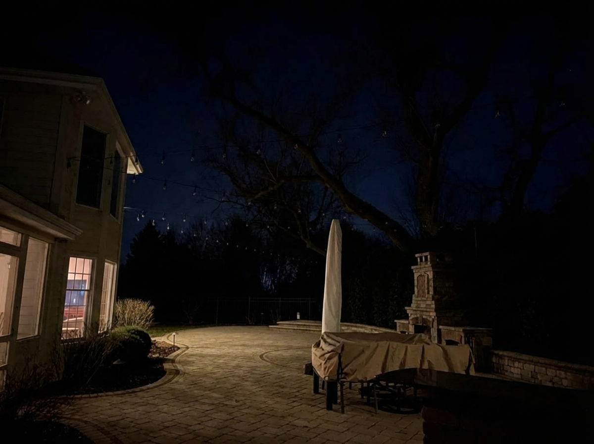 Nighttime view of a backyard patio with a house on the left, an umbrella-covered table, a brick outdoor fireplace, and a large tree in the background. String lights hang above.