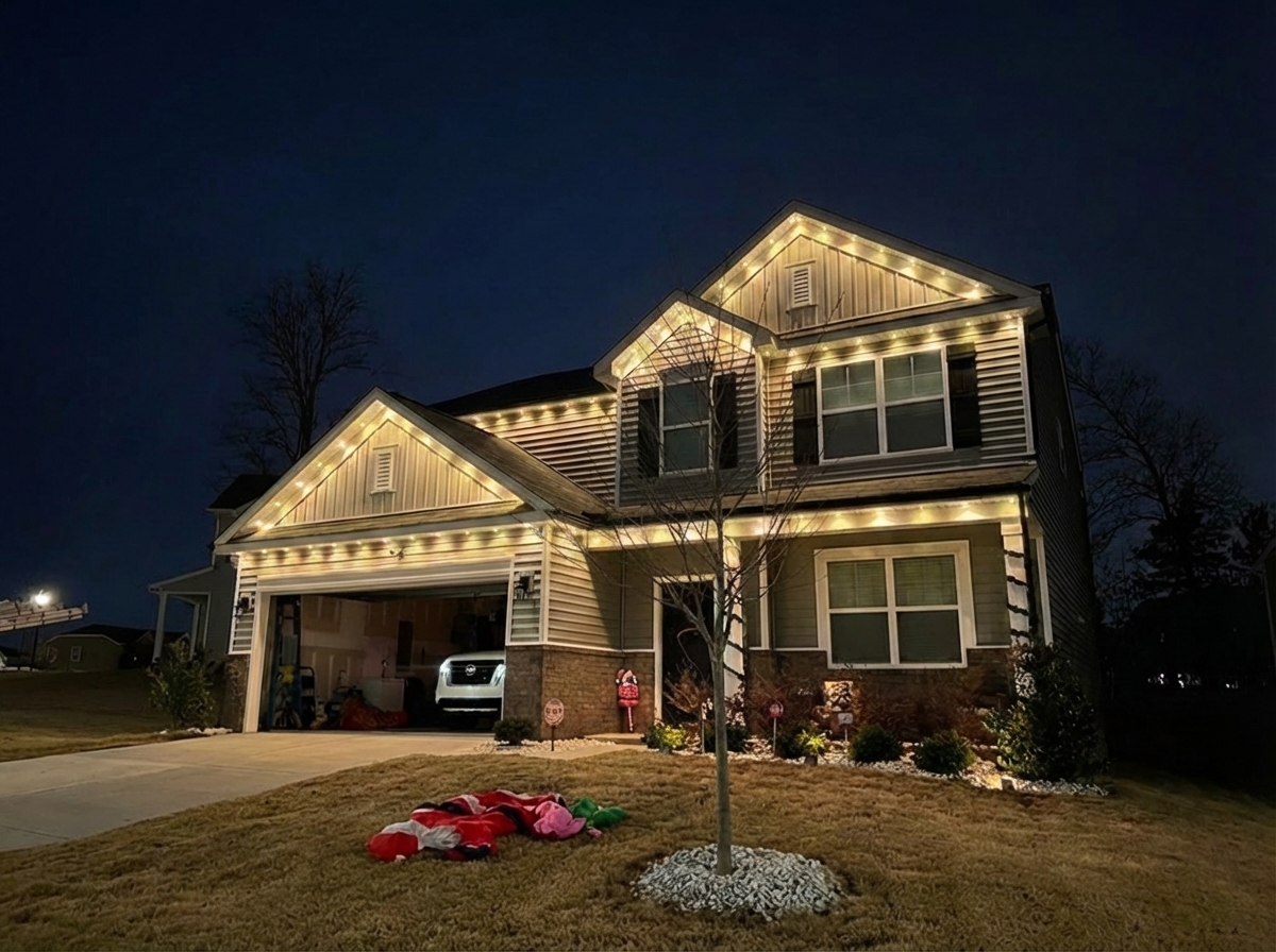 A two-story house decorated with festive string lights during nighttime. The house has vinyl siding, brick foundation, and a front yard with a leafless tree and inflatable decorations on the grass. The garage is open with a vehicle inside.
