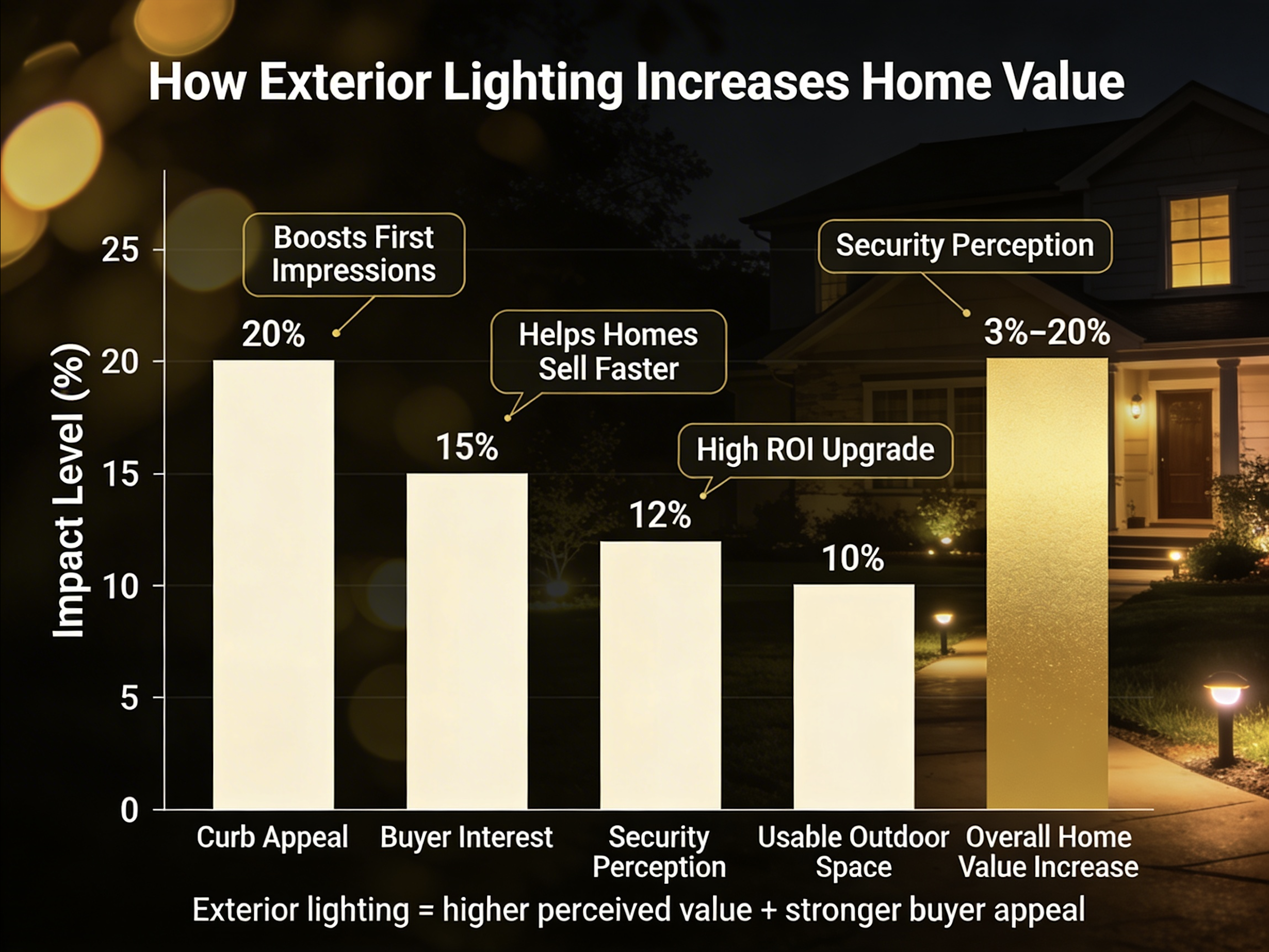 A bar graph compares the impact of exterior lighting and other factors on home value increase, showing that exterior lighting has the highest perceived value and strong buyer appeal, with a bar reaching around 25% impact.