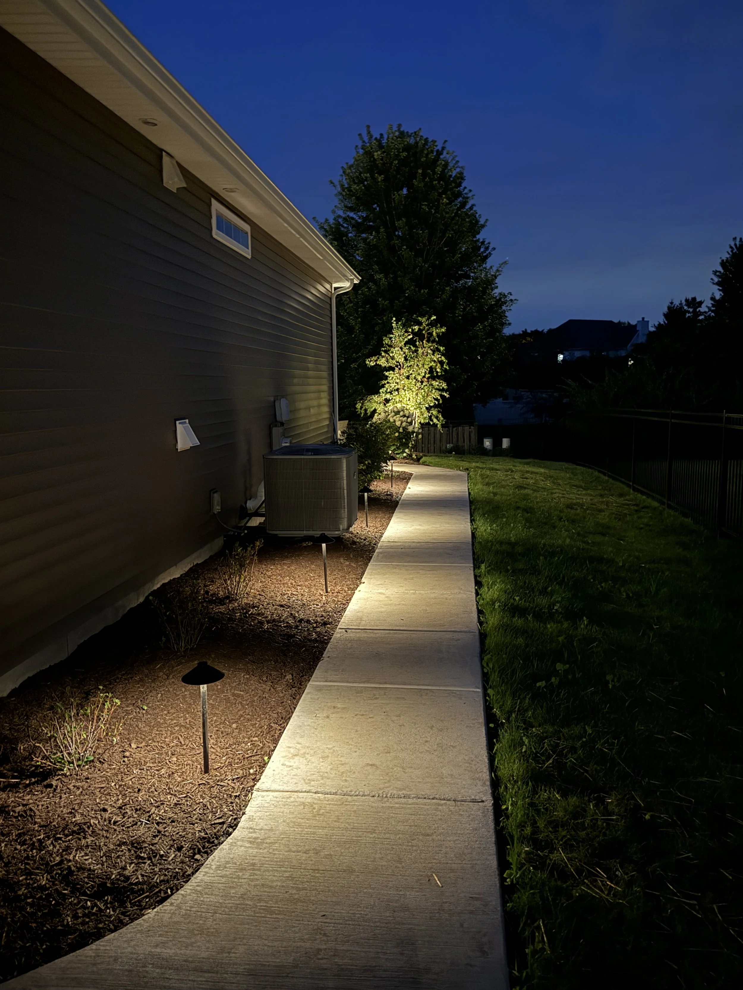 Nighttime outdoor scene showing a house wall, sidewalk, landscaped garden with small plants, and a large tree illuminated by garden lights.