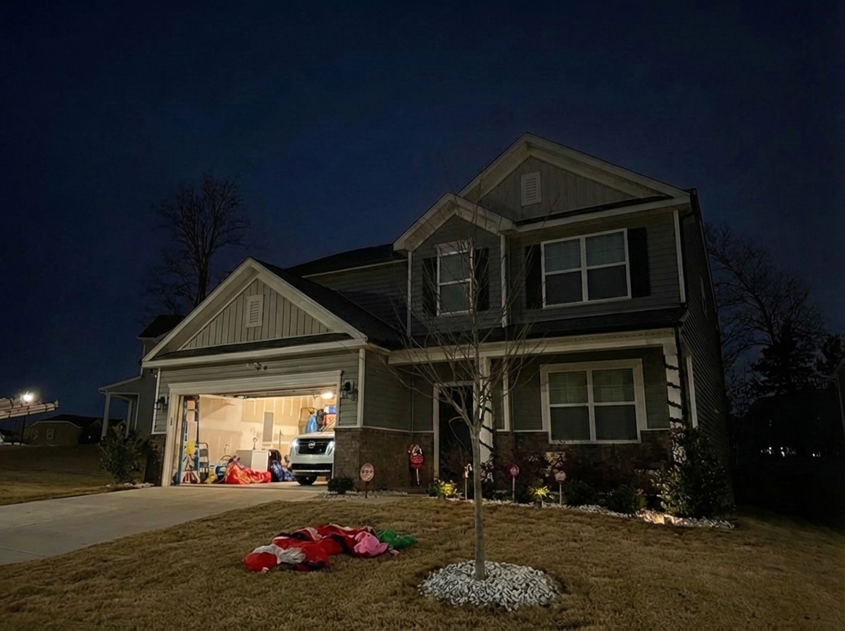 A two-story house with an open garage, visible through interior lights, decorated for Christmas, with a small leafless tree and holiday decorations in the front yard at night.