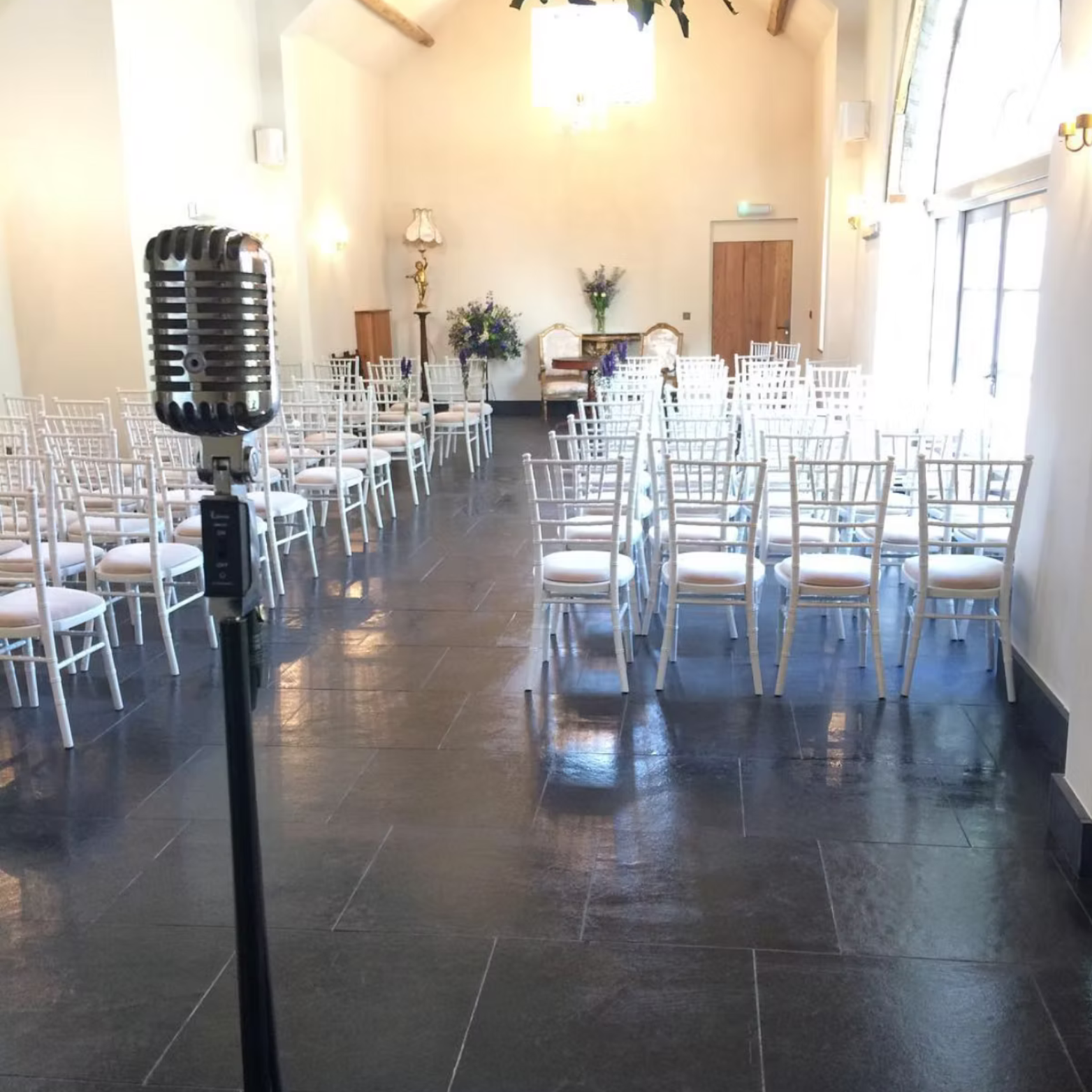 Elegant wedding ceremony setup with live acoustic wedding music by Kay Acoustic before guests arrive at a UK wedding venue.