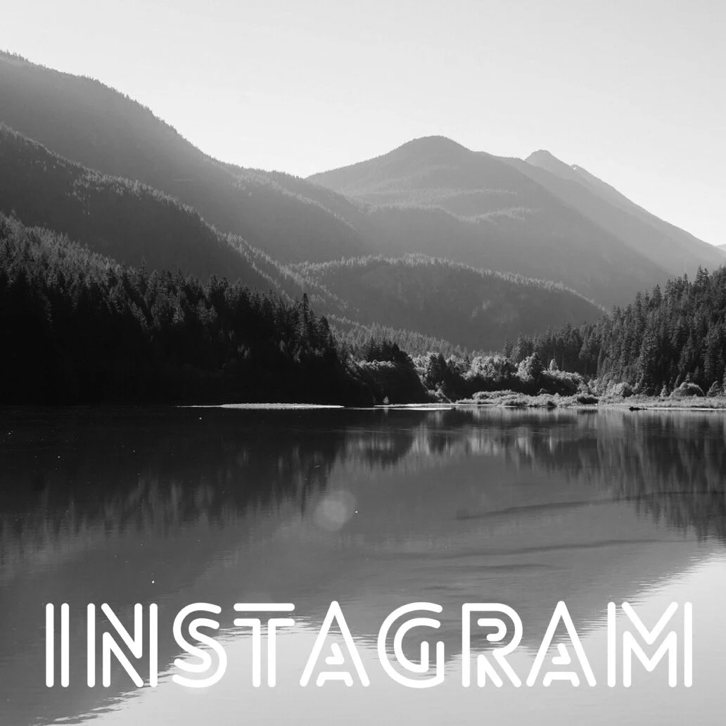 black and white image of Lake Diablo in the Cascades with the caption "Instagram"