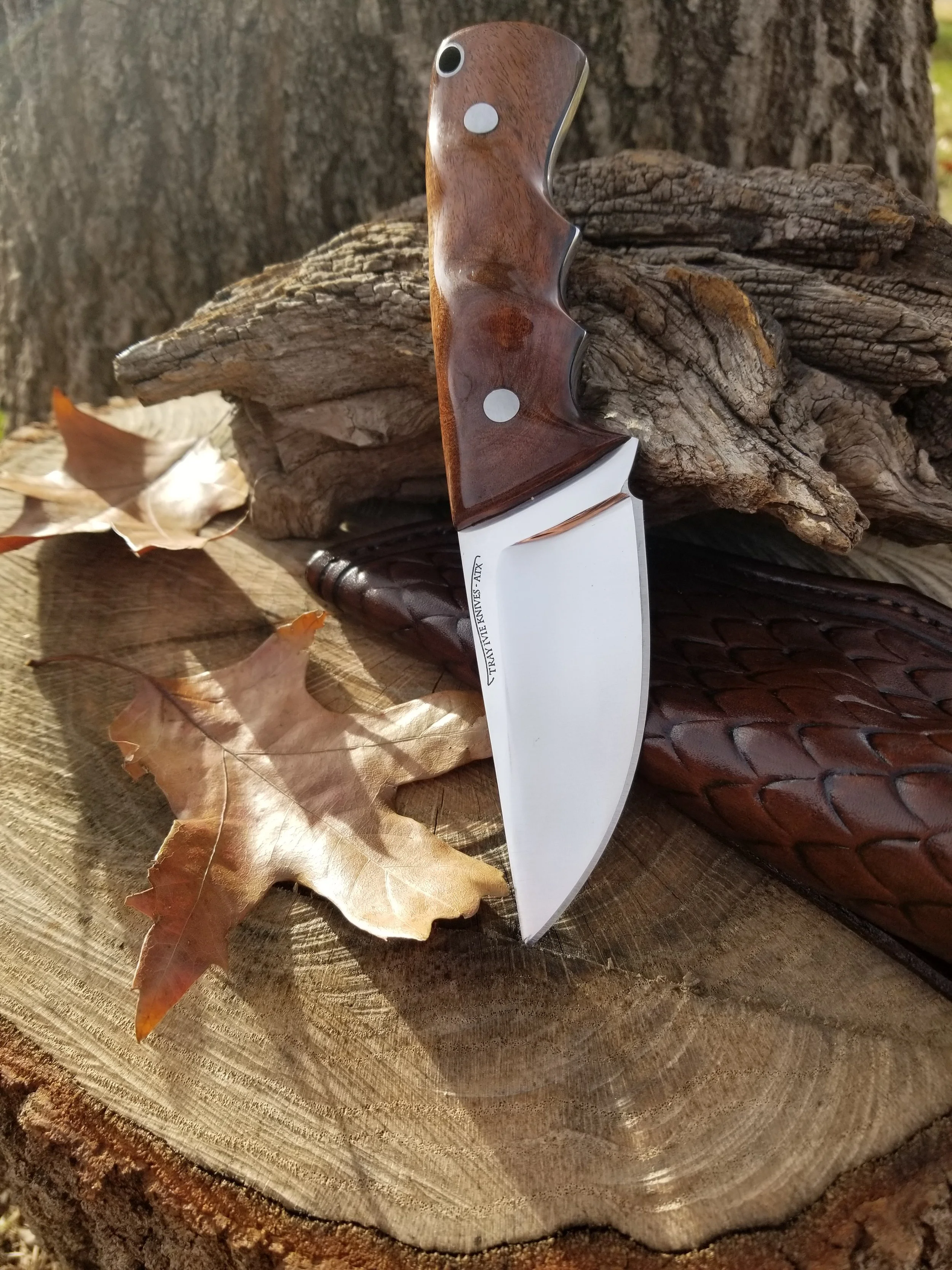 A hunting or utility knife with a wooden handle and silver blade resting on a tree stump outdoors, with autumn leaves and a piece of wood in the background.
