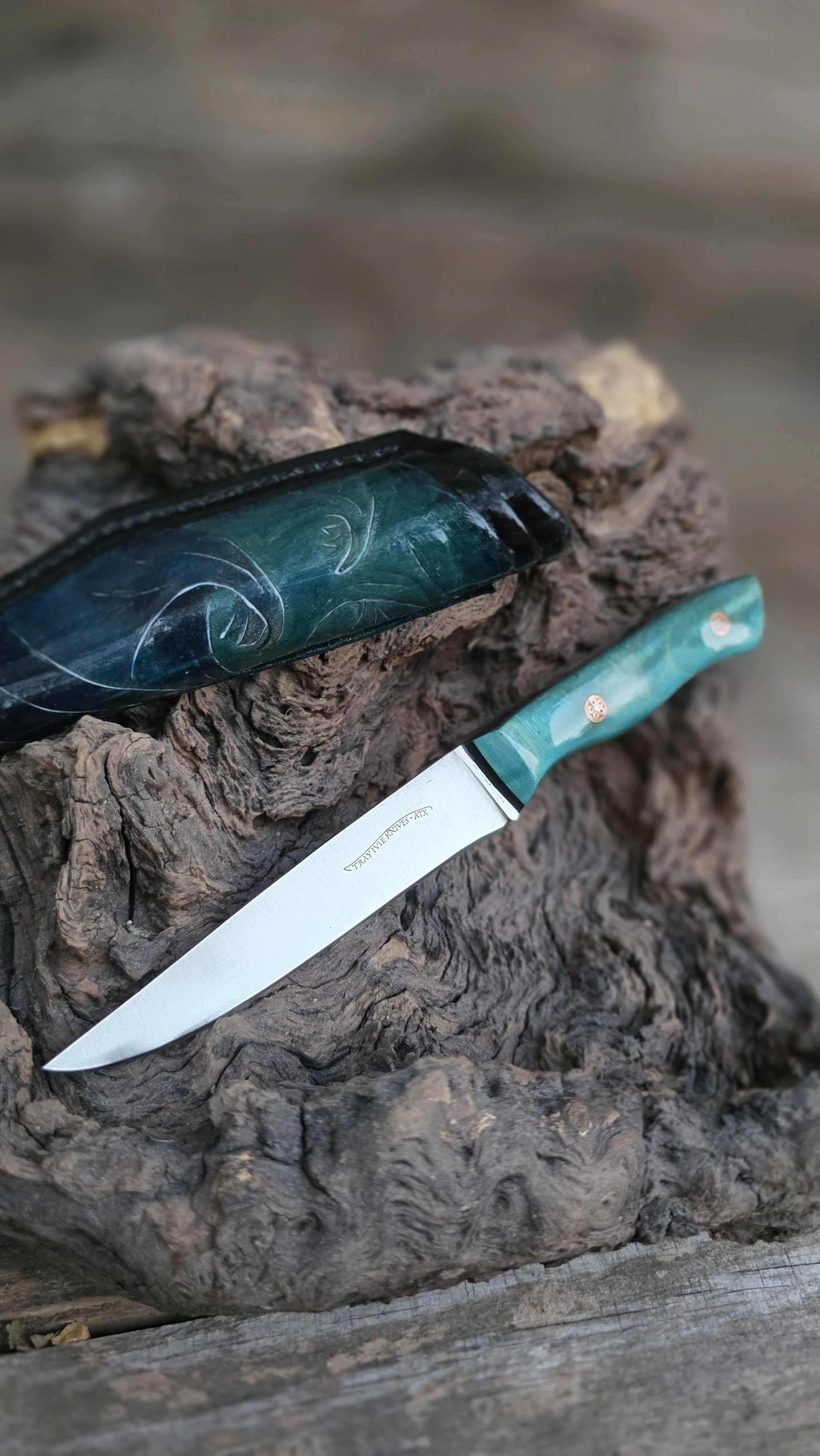 A kitchen knife with a teal handle and a silver blade resting on a textured tree trunk surface, with a matching teal and black knife sheath nearby.