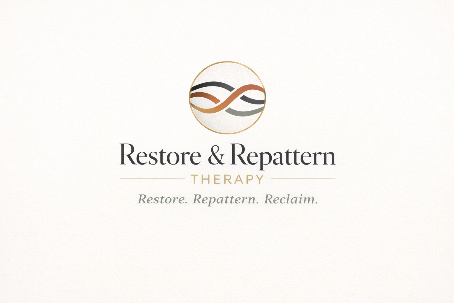 Logo and text for Restore & Repattern Therapy, with slogan 'Restore. Repattern. Reclaim.' on a light background.