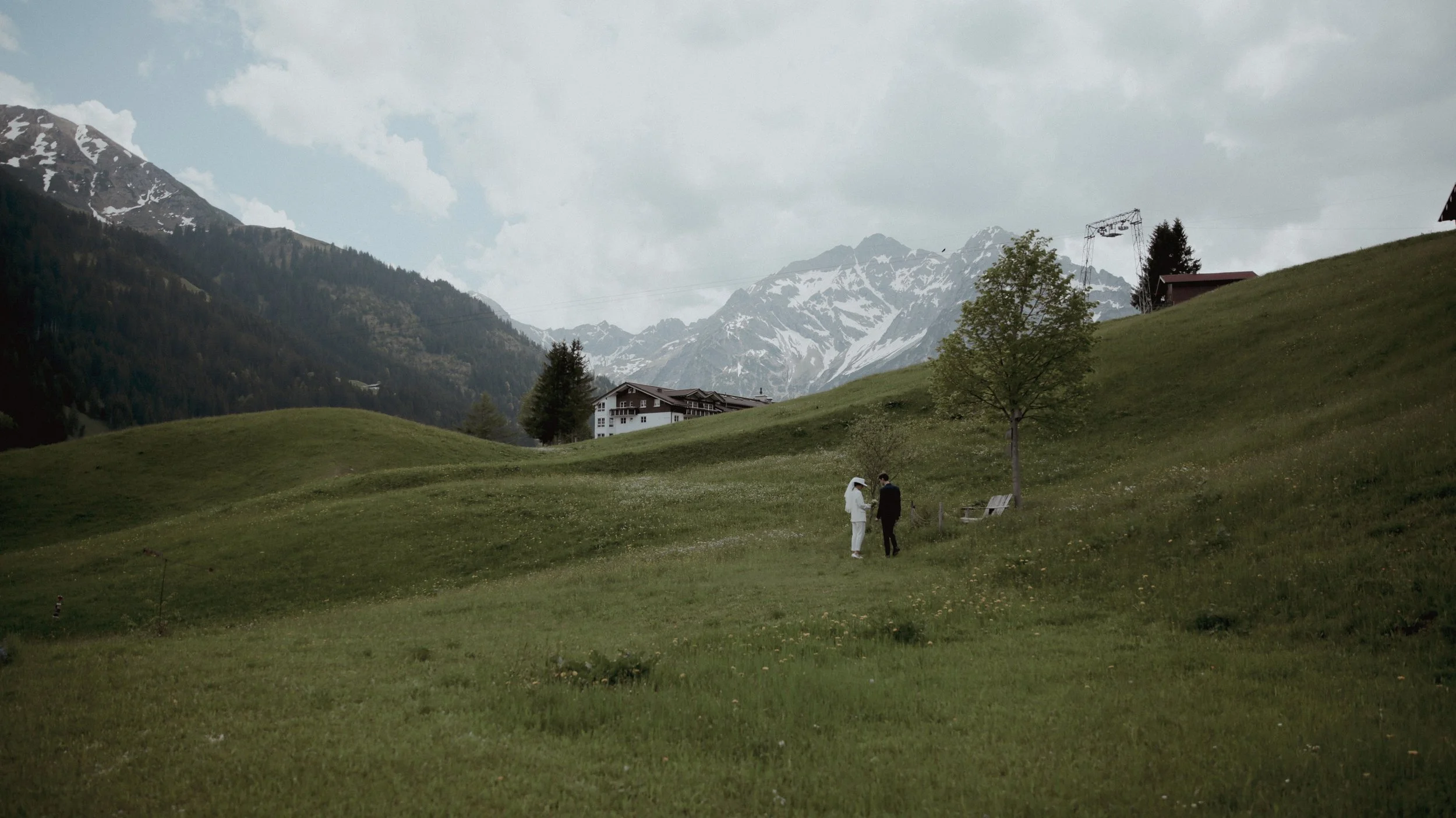 A couple stands holding hands on a lush green hillside with snow-capped mountains in the background, and a house and trees scattered on the hillside.