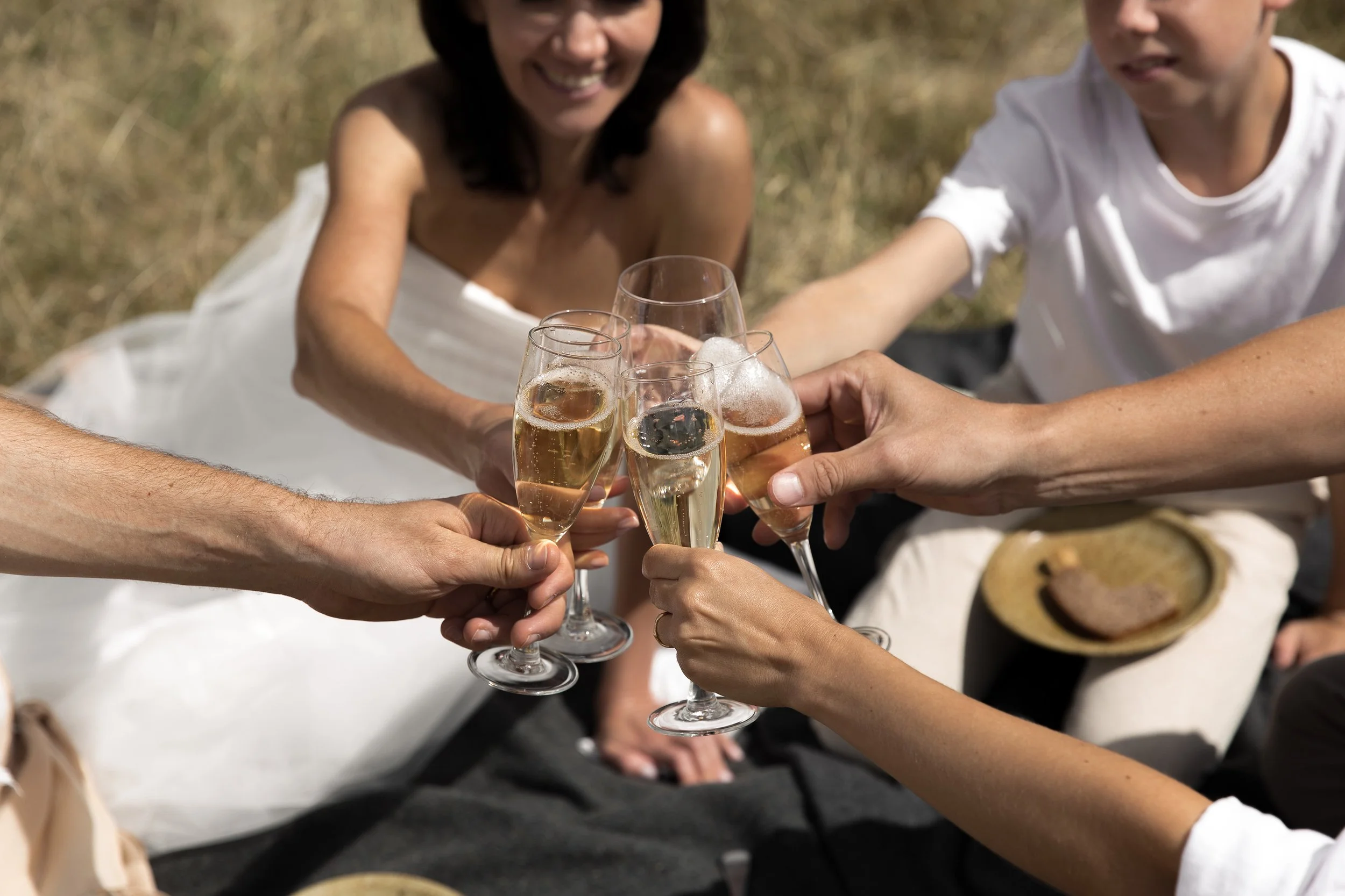 Group of people raising glasses of champagne in a toast outdoors on a sunny day.