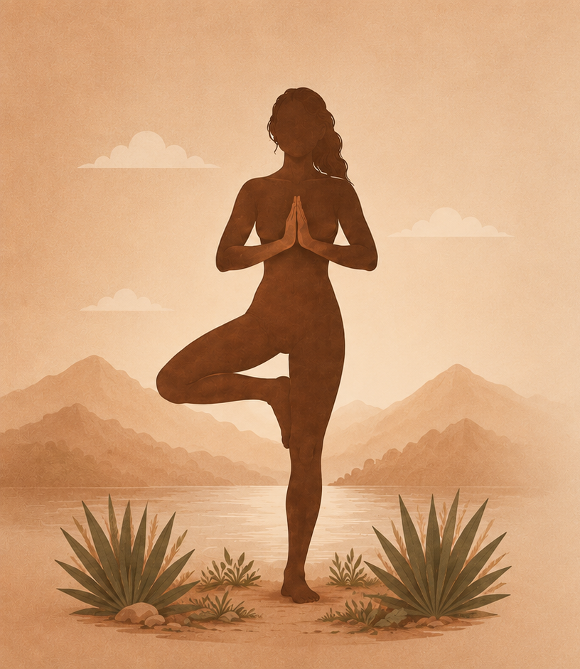 Silhouette of a woman practicing yoga in tree pose beside a lake with mountains and clouds in the background.