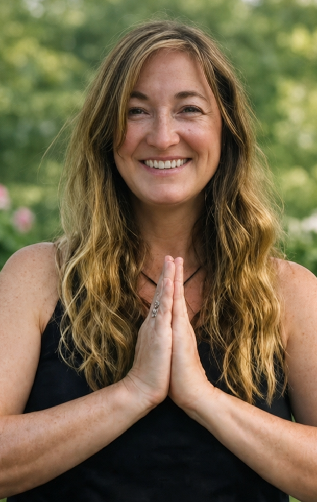 A woman with long, wavy blonde hair smiling and holding her hands in a prayer position outdoors.