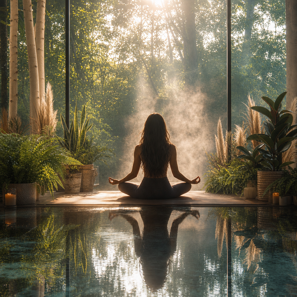 A woman practicing yoga in a seated meditation pose beside a pool, surrounded by lush plants, with sunlight streaming through large glass windows into a peaceful indoor garden.