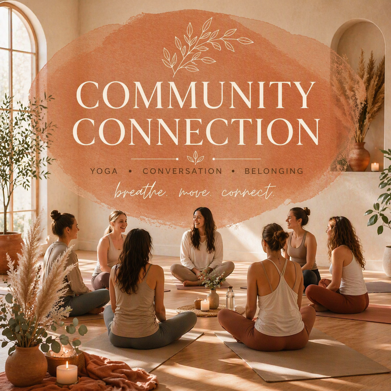 A group of women participating in a community yoga and conversation session in a bright, decorated room with large windows, plants, and candles, centered around a woman leading the session.