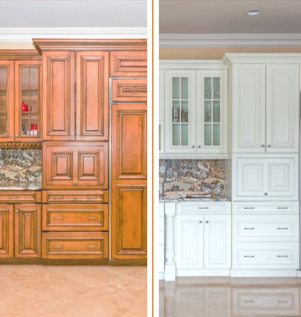 Comparison of two kitchen cabinets, one in natural wood finish on the left and painted white on the right, both with granite countertops.