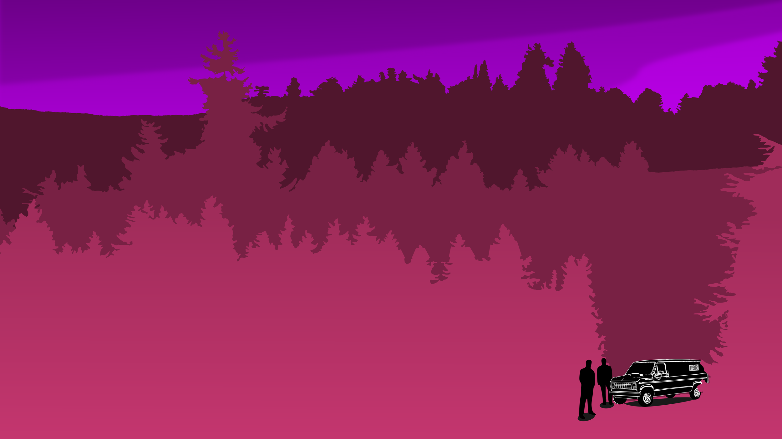 Silhouette of two men standing near a vehicle by a forest in a purple and pink landscape