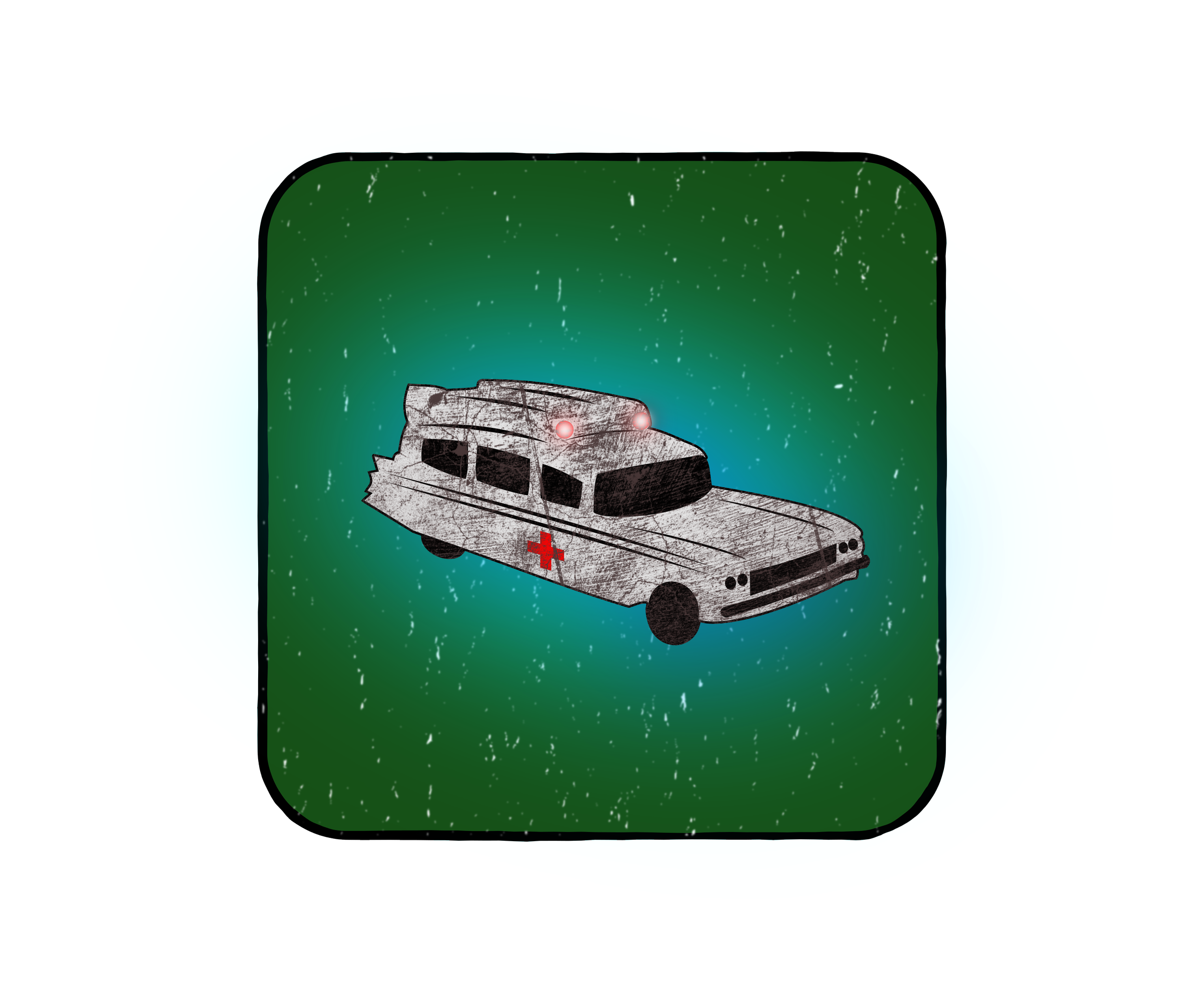 A graphic illustration of an ambulance with a red cross symbol and red lights on top, set against a dark green background with a space-like appearance.