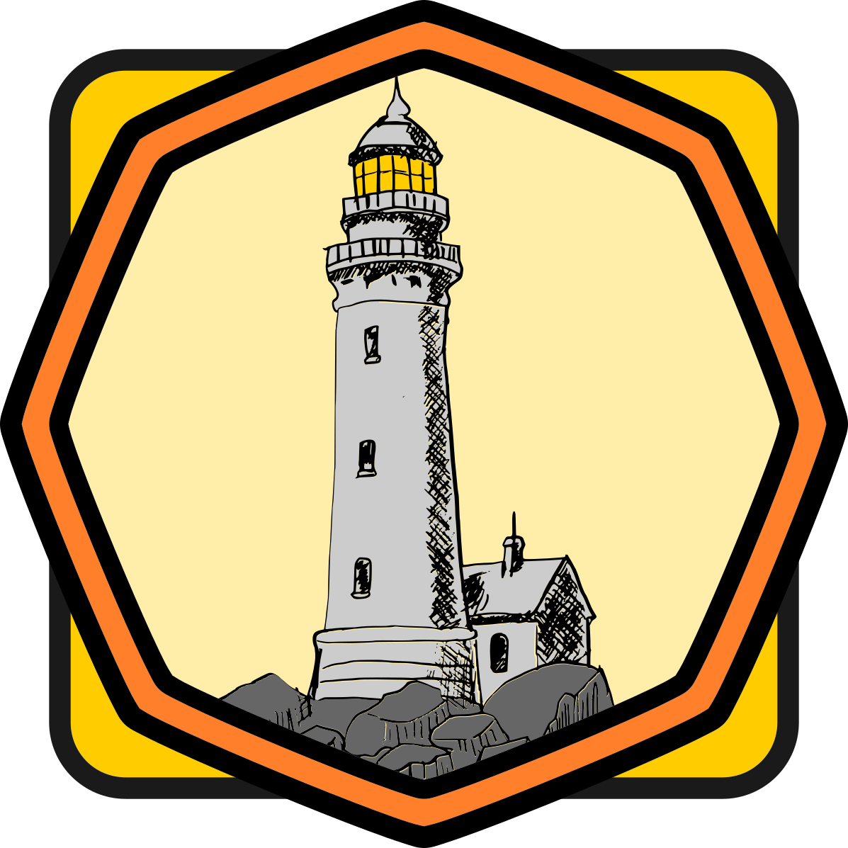 Grey lighthouse with cream background surrounded with and orange and yellow border. The logo for Sullied Games
