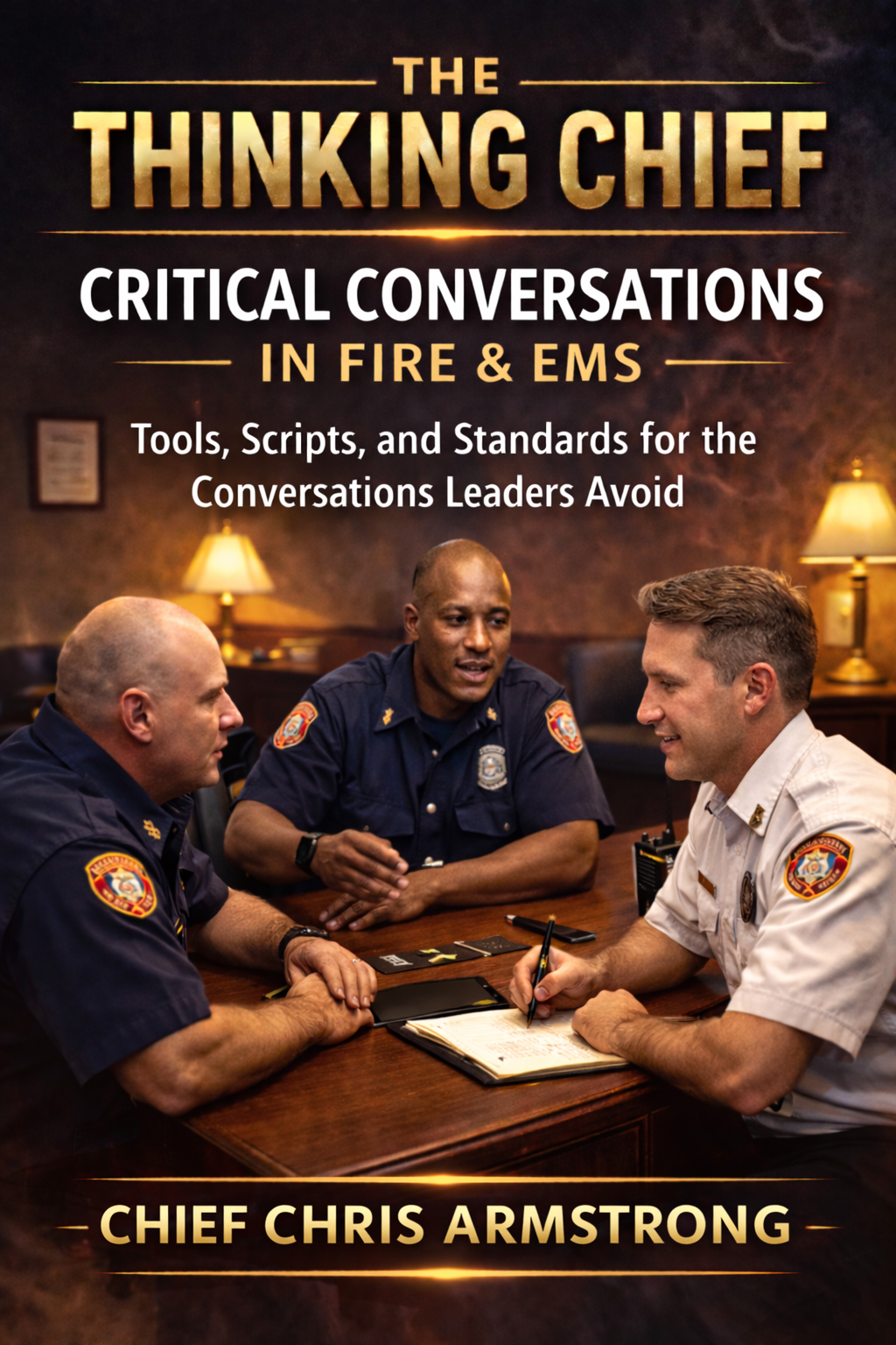 Three fire and EMS leaders having a discussion at a wooden table in a dimly lit room with lamps, a book, and a walkie-talkie.