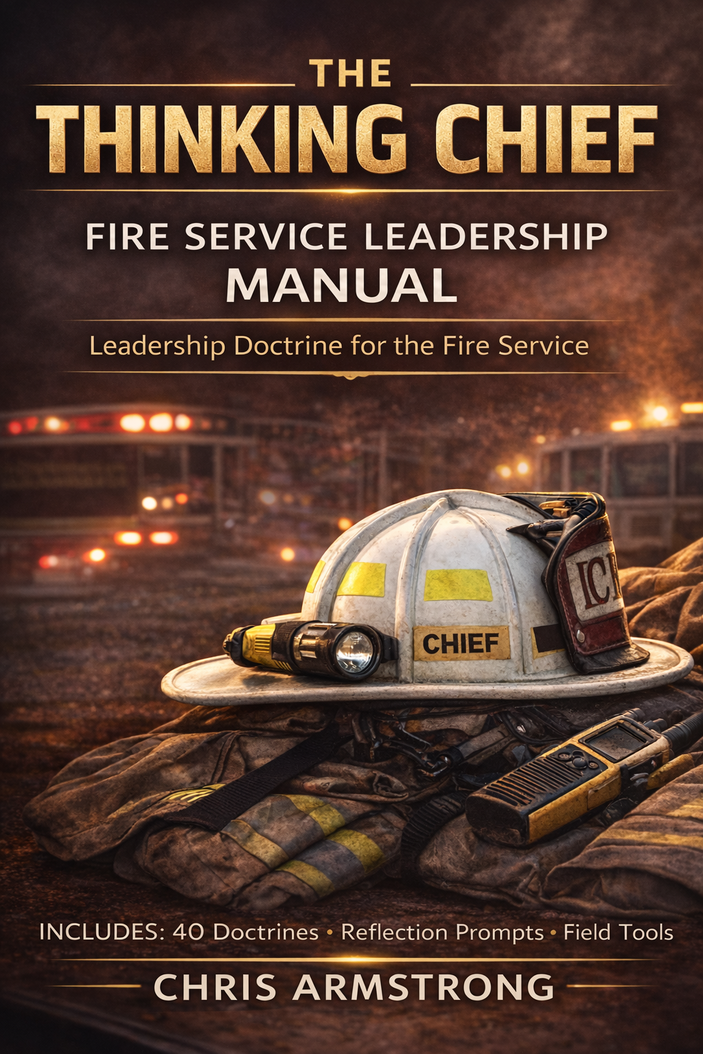 Fire service leadership manual cover featuring a firefighter's helmet labeled 'Chief', a flashlight, radio, and boots on a field at dusk.