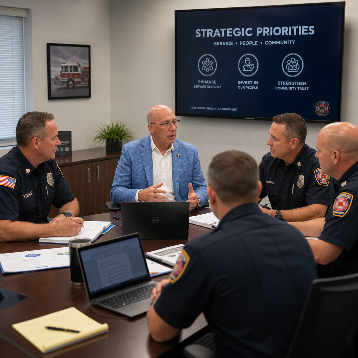 A group of police officers and a man in a blue checkered blazer are seated around a conference table in a meeting room. There is a large screen on the wall displaying a presentation titled 'Strategic Priorities' with icons and text about service, people, and community. The officers are taking notes and engaging in a discussion.