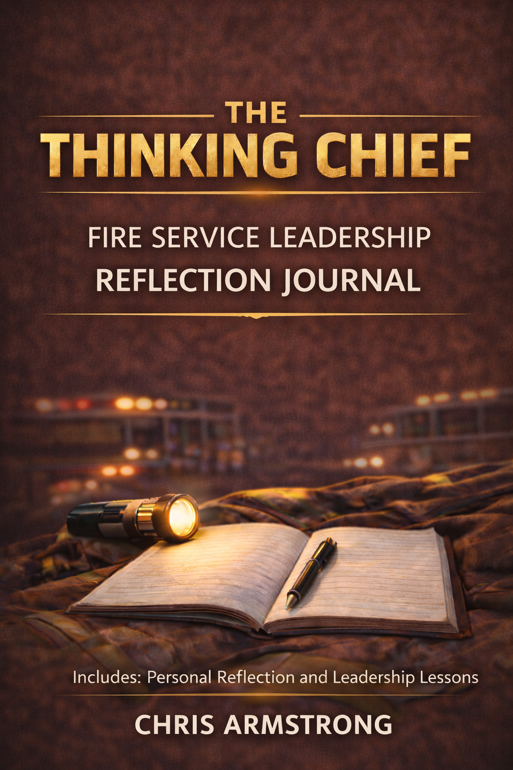 Book cover titled "The Thinking Chief", a fire service leadership reflection journal, with a flashlight, pen, and open notebook on a blanket, with firefighters' fire trucks blurred in the background.