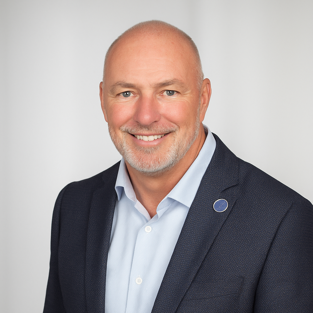 Headshot of a bald man with a gray beard, smiling, wearing a dark blazer and a light blue dress shirt against a plain white background.