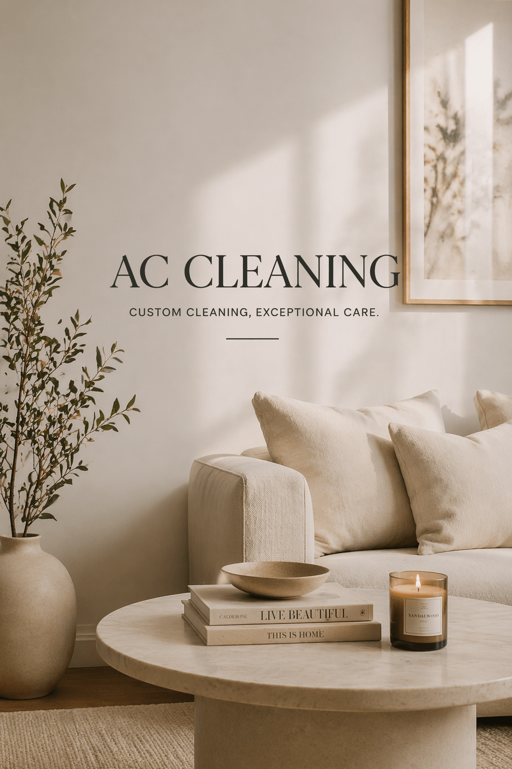 Minimal modern living room with neutral tones, clean surfaces, and natural light representing professional home cleaning services and a calm, well-maintained space.