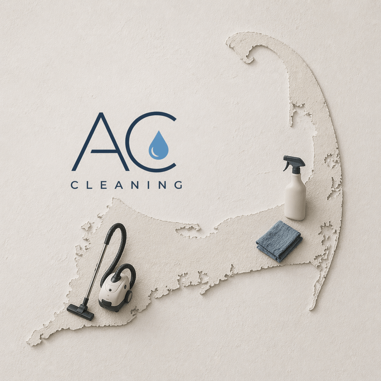 Minimalist Cape Cod house cleaning concept featuring AC Cleaning logo with blue water droplet, realistic Cape Cod map outline, vacuum cleaner, spray bottle, and cloth representing professional residential cleaning services in Cape Cod.