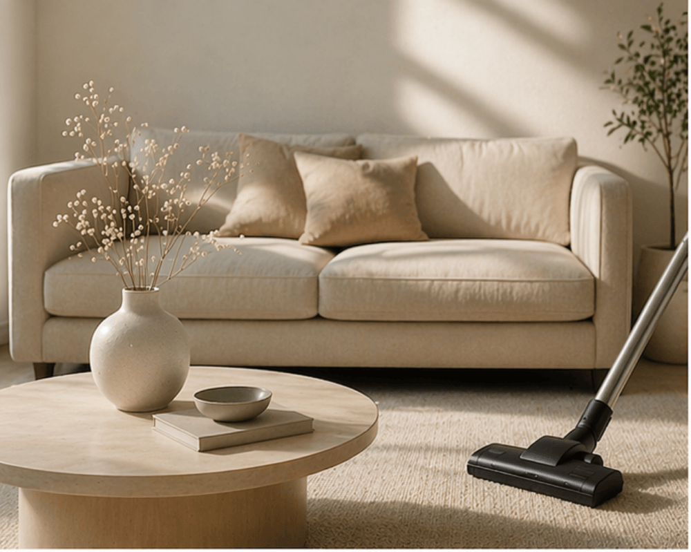 Standard house cleaning service with clean, tidy living space, dust-free surfaces, and vacuumed floors representing reliable residential cleaning in Cape Cod.
