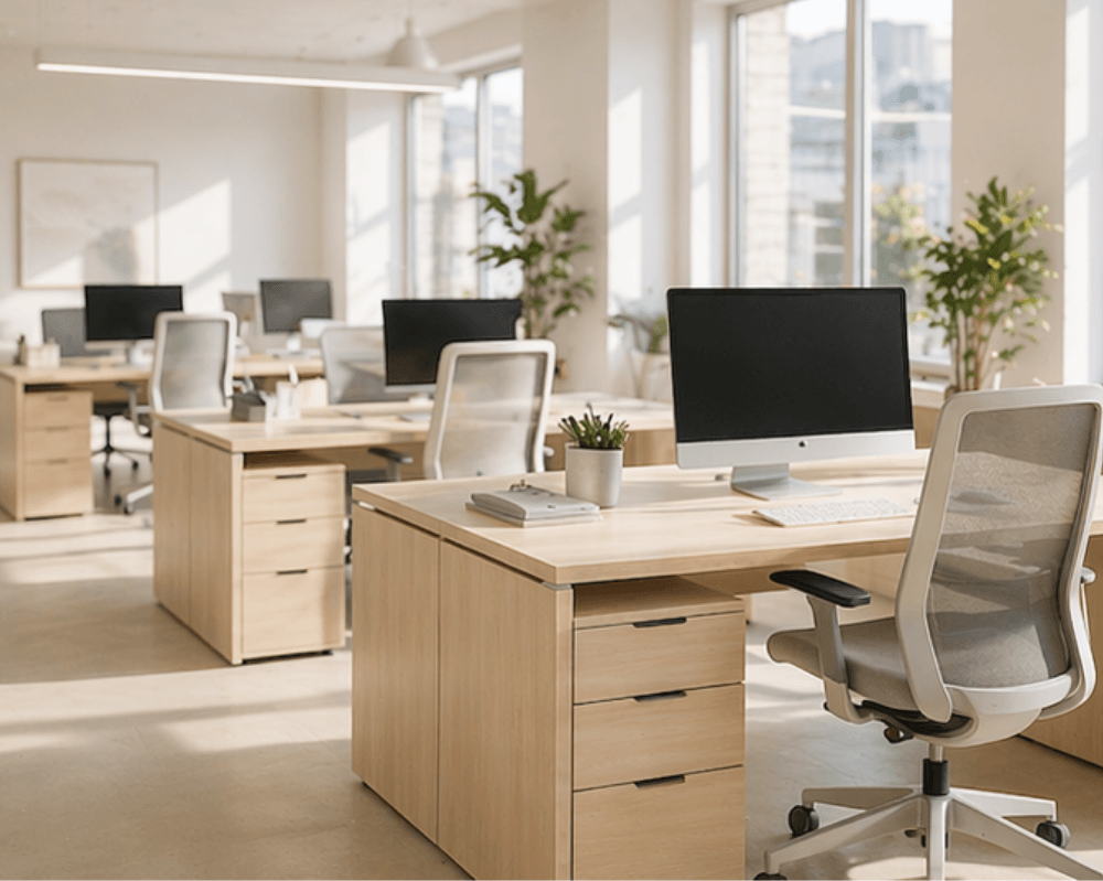 Commercial office cleaning service with organized workspace, clean desks, and sanitized surfaces, representing professional business cleaning in Cape Cod.