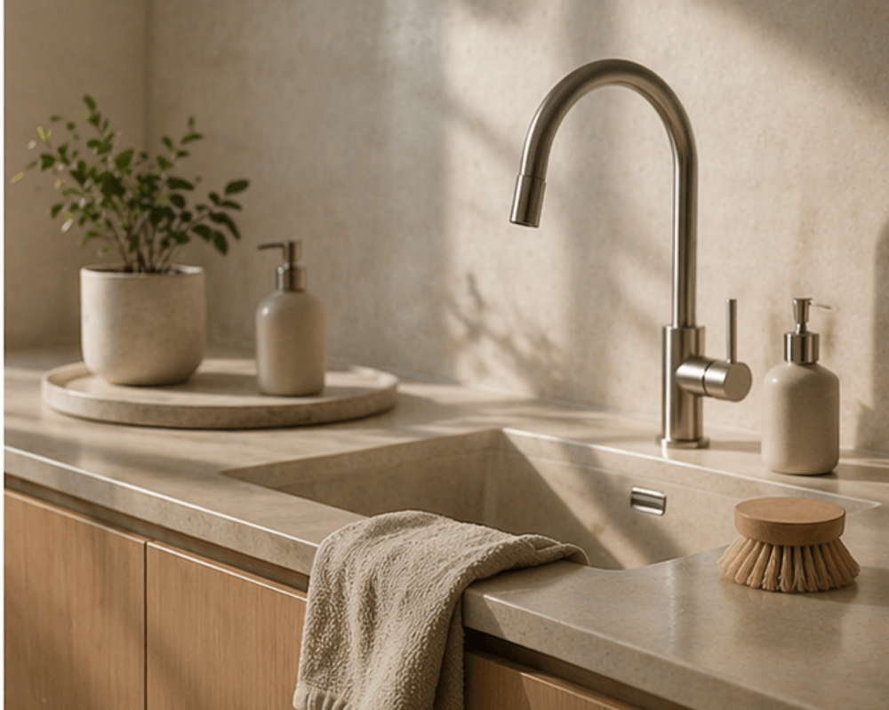 Deep house cleaning service featuring sanitized kitchen surfaces and detailed top-to-bottom cleaning, representing thorough residential cleaning in Cape Cod.