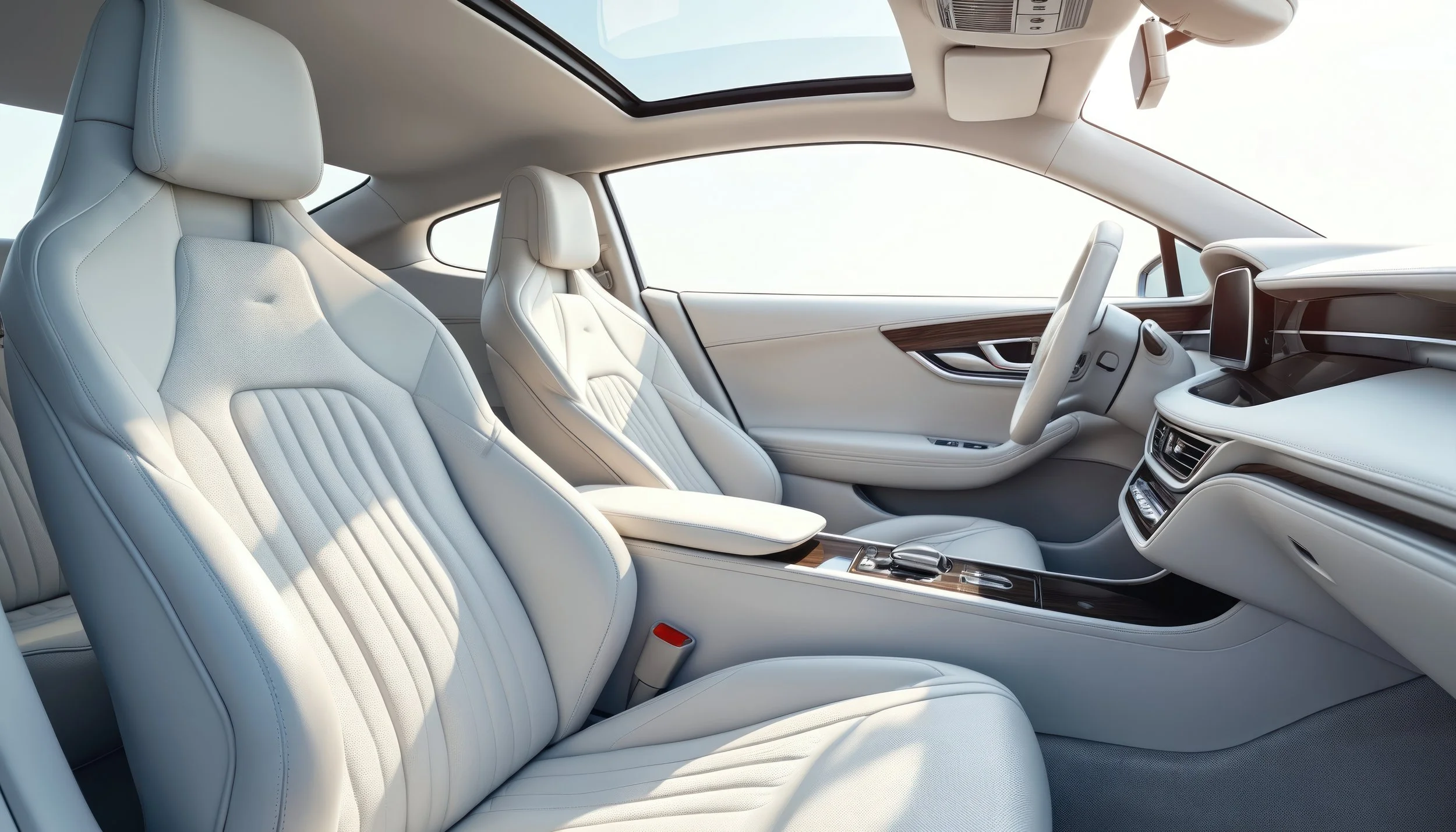 The interior of a luxury car shows white leather seats, a white dashboard with wood accents, a steering wheel, and a large panoramic sunroof.