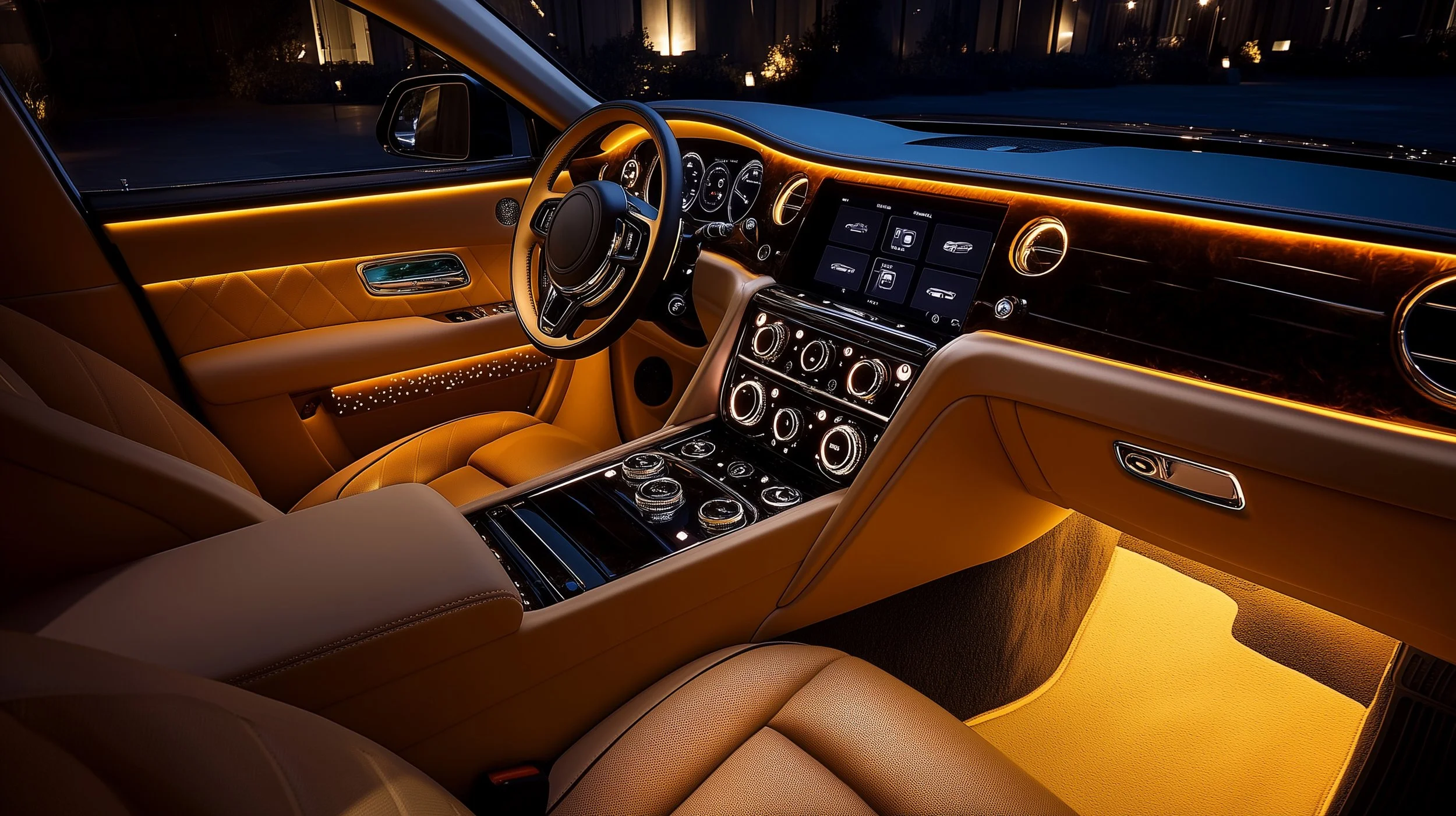 Luxury car interior with tan leather seats and illuminated dashboard featuring digital displays and controls, ambient lighting along the doors and center console, and a black and woodgrain trim on the dashboard.